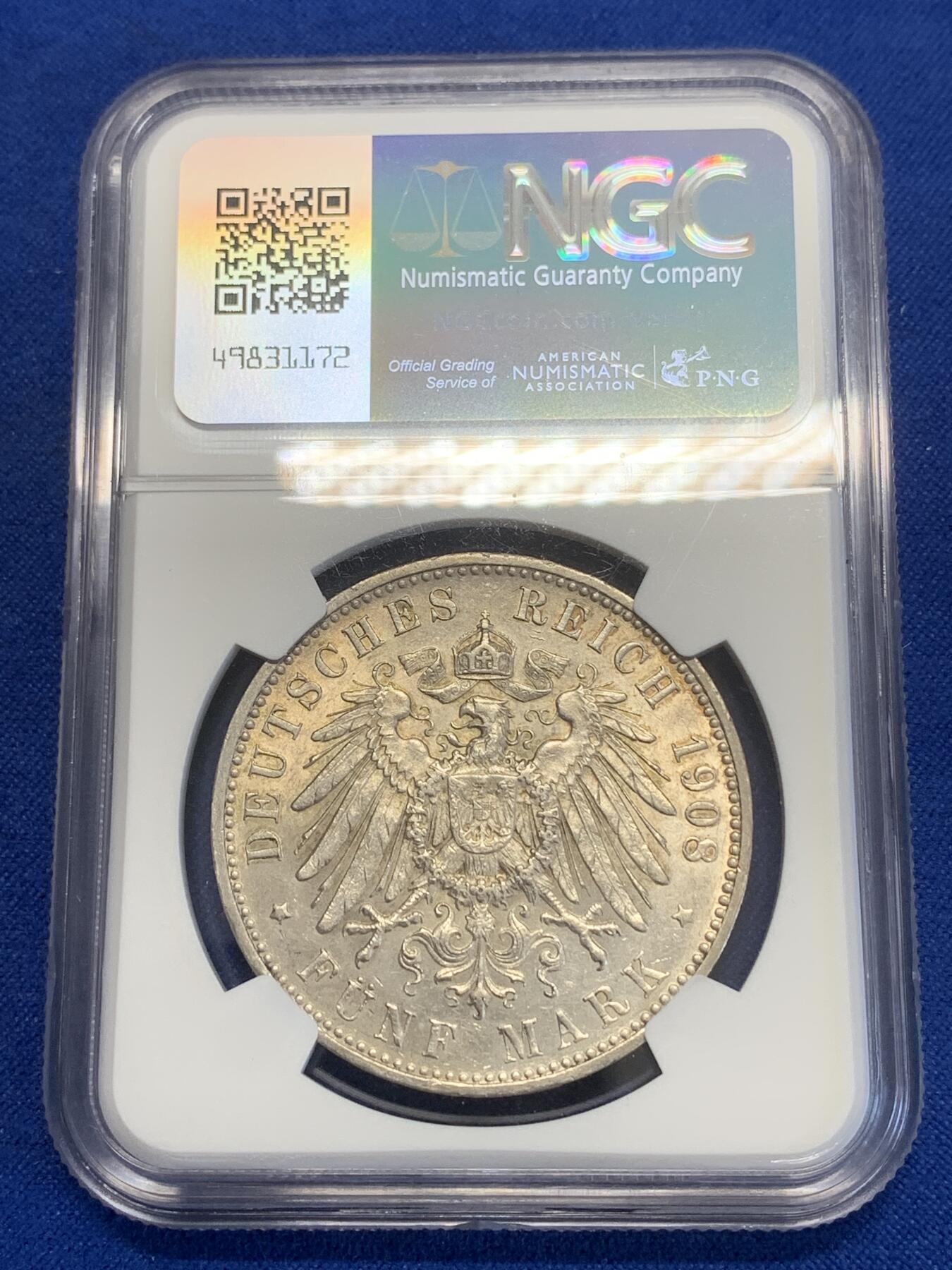 《竞宝斋》第269场- 周日，周一，周二  3场连拍 （全场包邮） NGC UNCD 德国1908符腾堡5马克银币