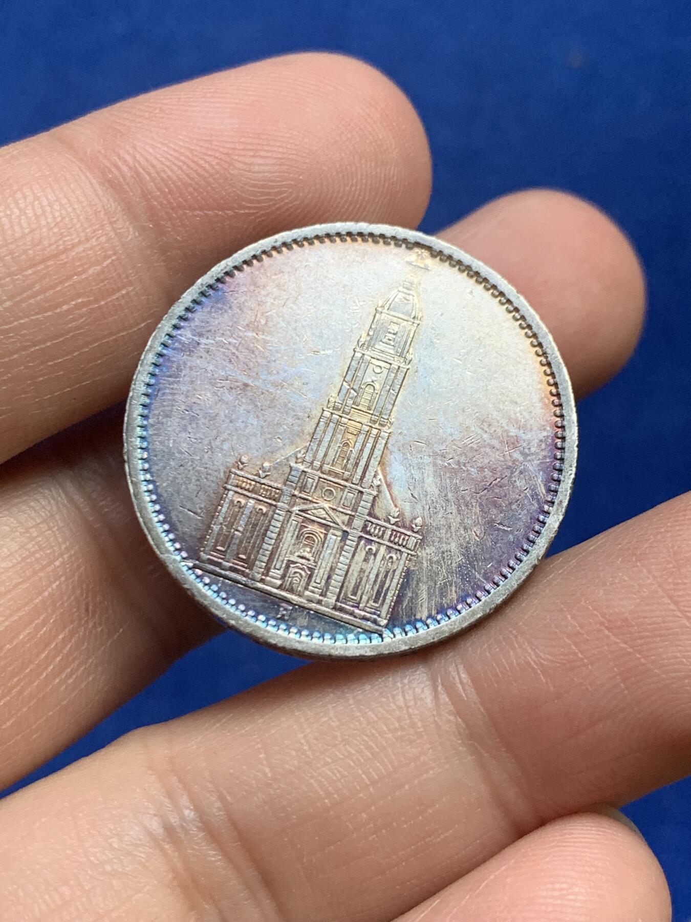 《竞宝斋》第269场- 周日，周一，周二  3场连拍 （全场包邮） 1935年 德国 教堂 5马克 银币 带点彩包浆 状态不错