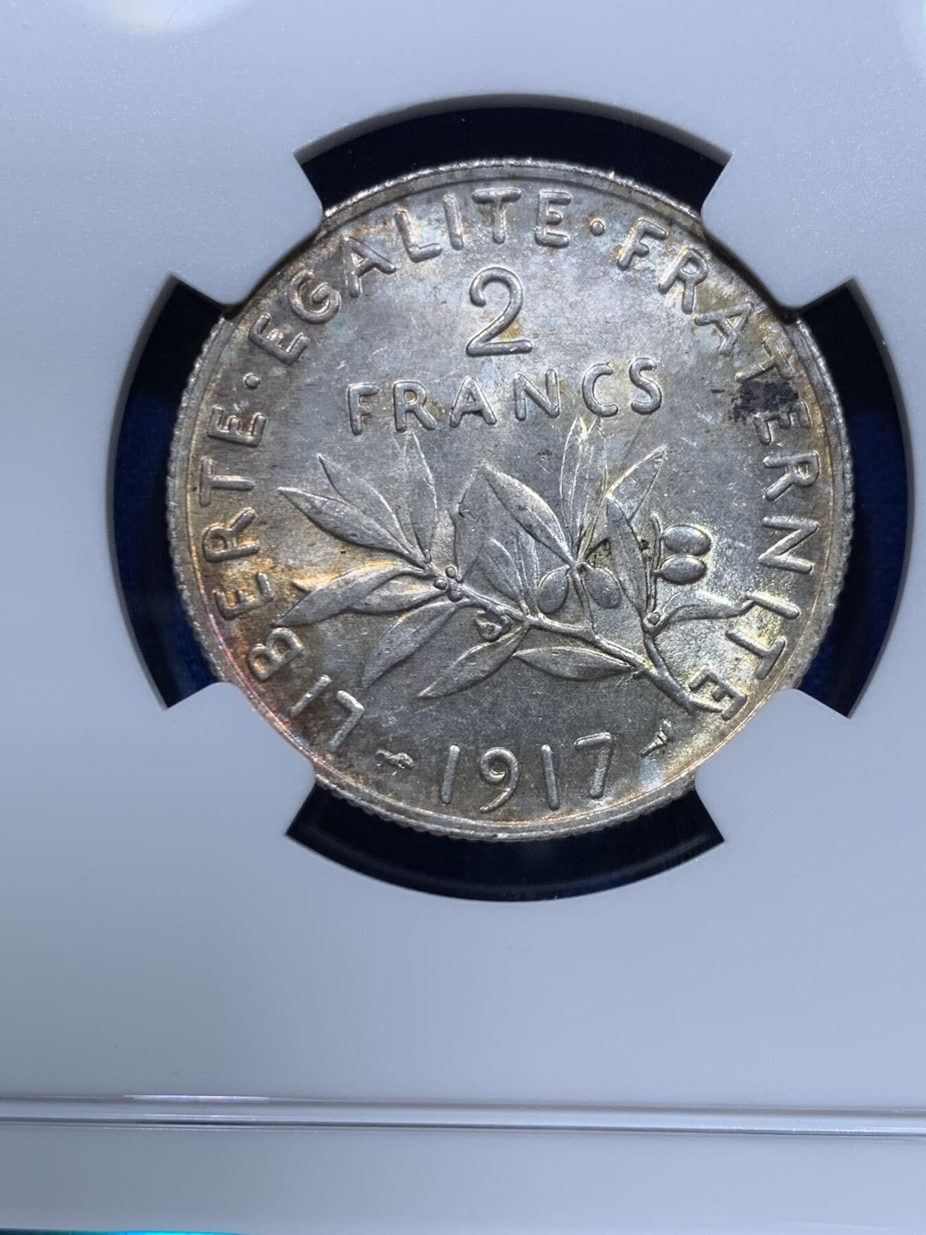 《竞宝斋》第269场- 周日，周一，周二  3场连拍 （全场包邮） NGC MS62 法国1917年播种女神2法郎银币