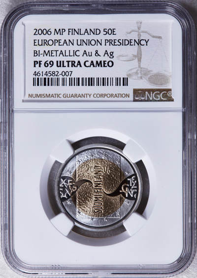S&S Numismatic世界钱币-拍卖 第87期  - 芬兰2006年 芬兰担任欧盟轮值主席国 50欧元银+金双色纪念币 NGC PF69UC （5.9克925银+6.9克750金）