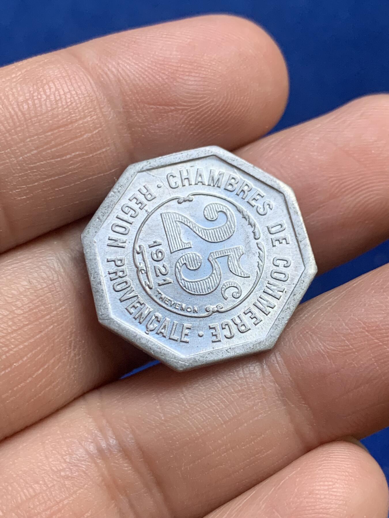 《竞宝斋》第269场- 周日，周一，周二  3场连拍 （全场包邮） 法国1921年普罗旺斯马赛紧急25C八角铝币 全新 少见品