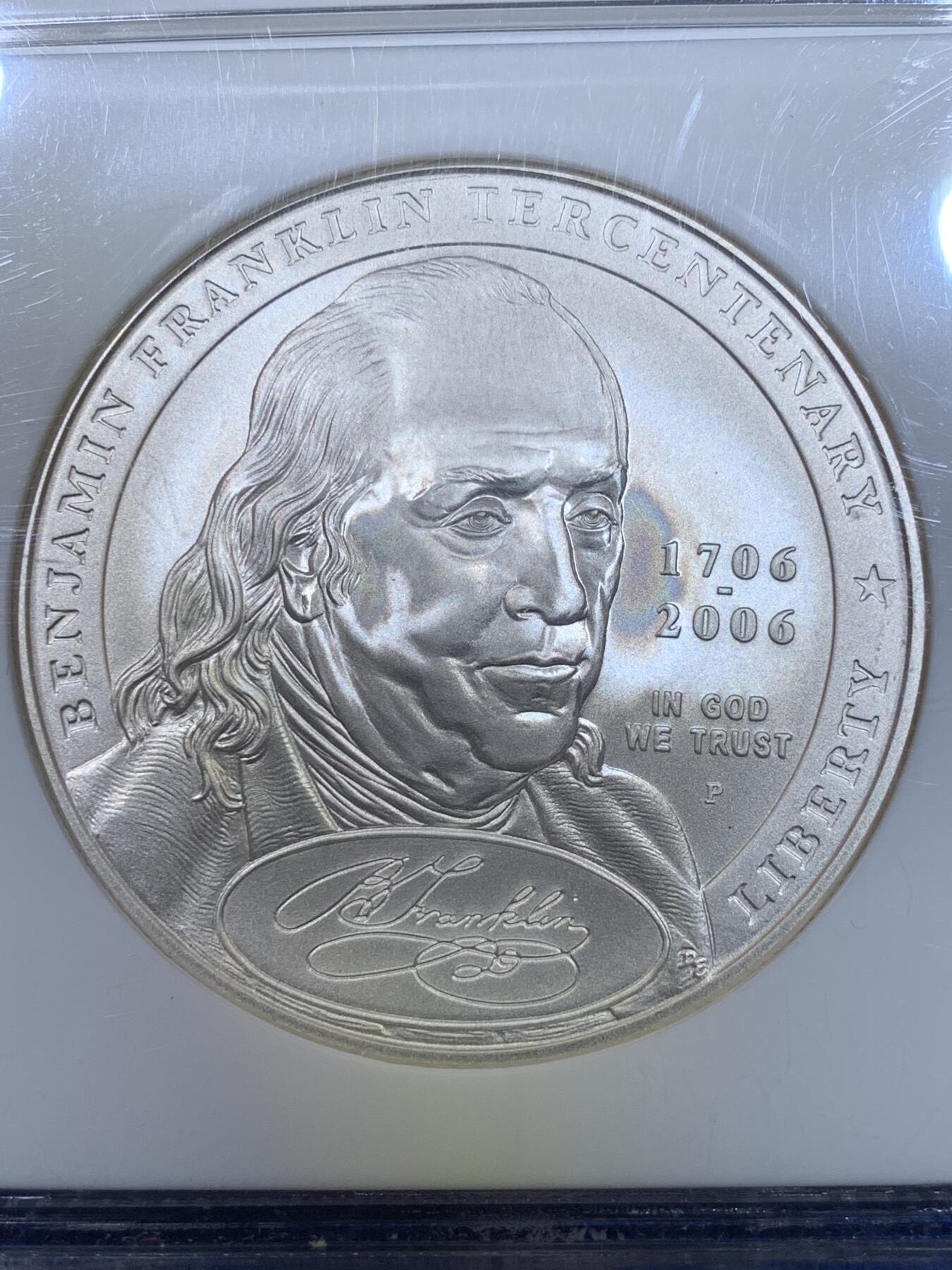 《竞宝斋》第269场- 周日，周一，周二  3场连拍 （全场包邮） NGC MS70 美国2006年富兰克林诞生300周年1美元磨砂银币 2008年度克劳斯世界硬币大奖赛之年度最佳历史意义银币 900银