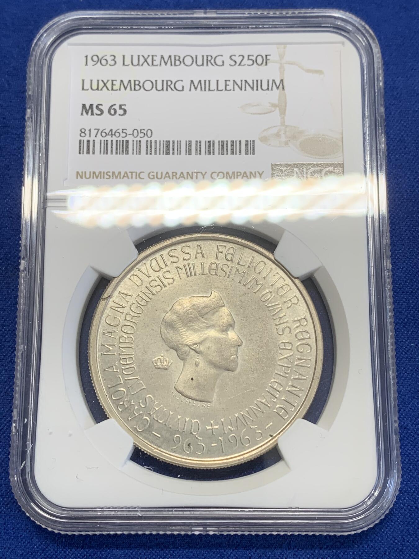 《竞宝斋》第269场- 周日，周一，周二  3场连拍 （全场包邮） NGC MS65 卢森堡1963年夏洛特大公夫人250法郎千禧城纪念银币