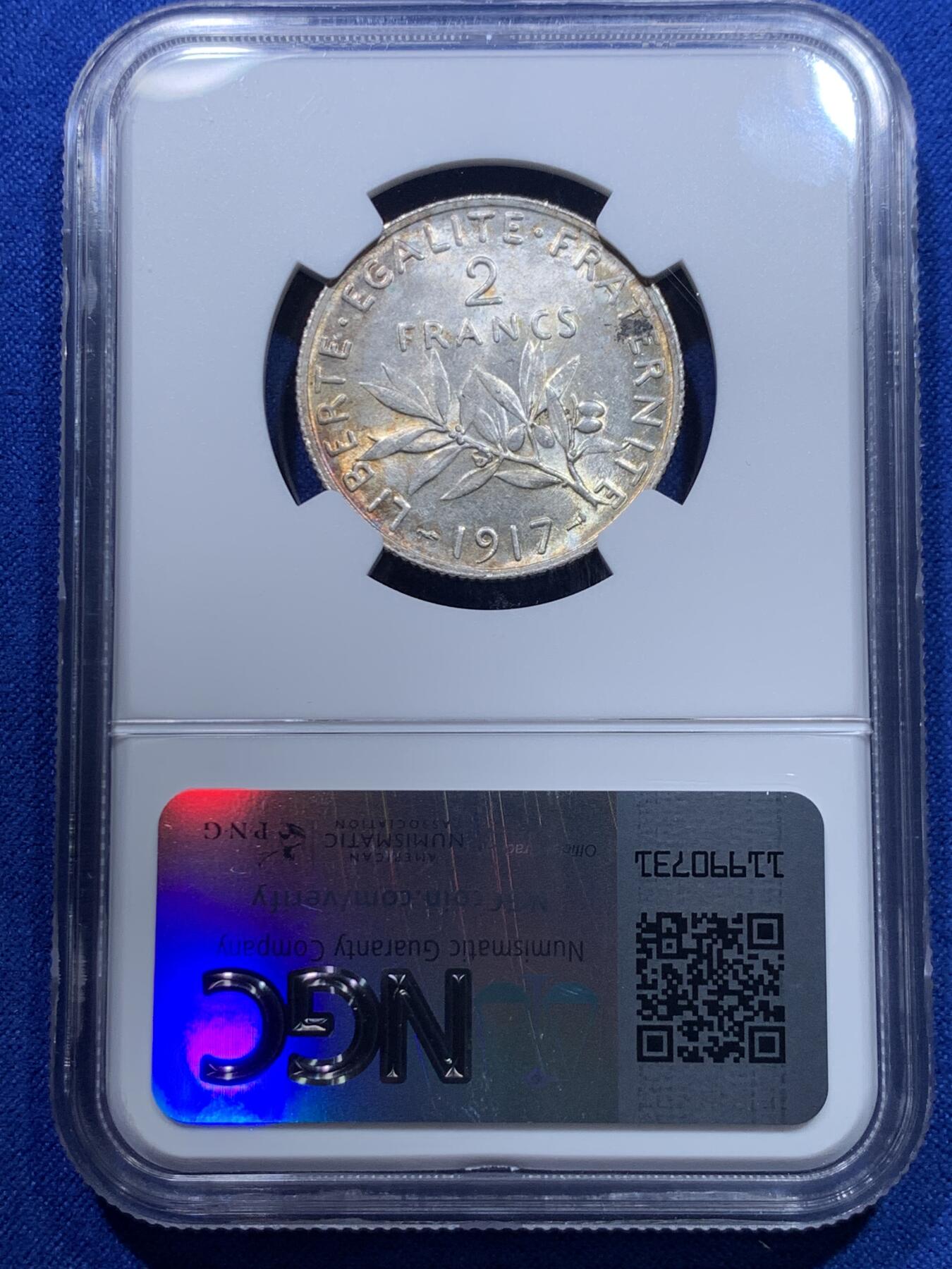 《竞宝斋》第269场- 周日，周一，周二  3场连拍 （全场包邮） NGC MS62 法国1917年播种女神2法郎银币