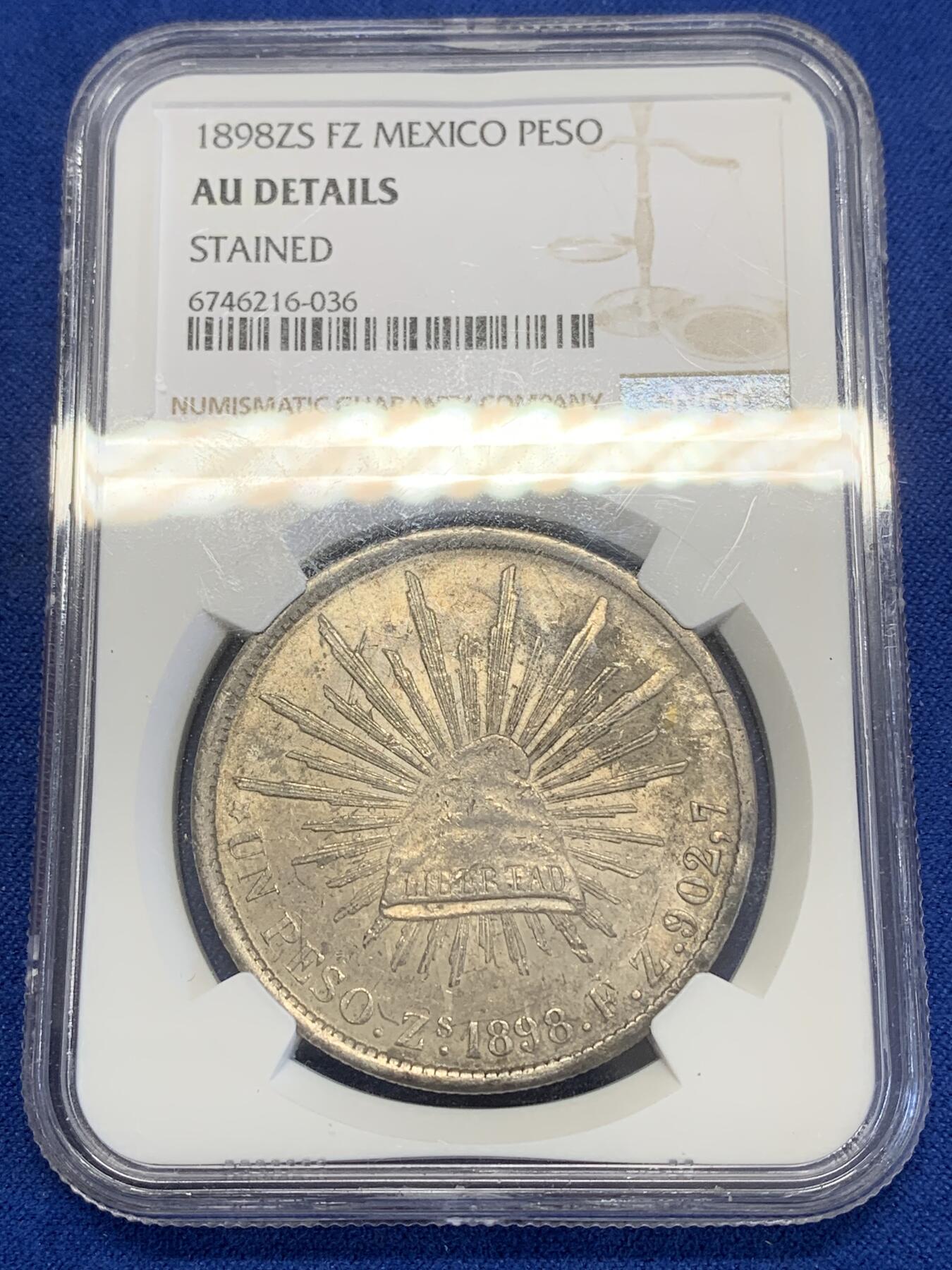 《竞宝斋》第269场- 周日，周一，周二  3场连拍 （全场包邮） NGC AUD 墨西哥 1898年ZS FZ少见直边鹰洋 原味老包浆 打制精美 底板带彩转光 经典潜力品种