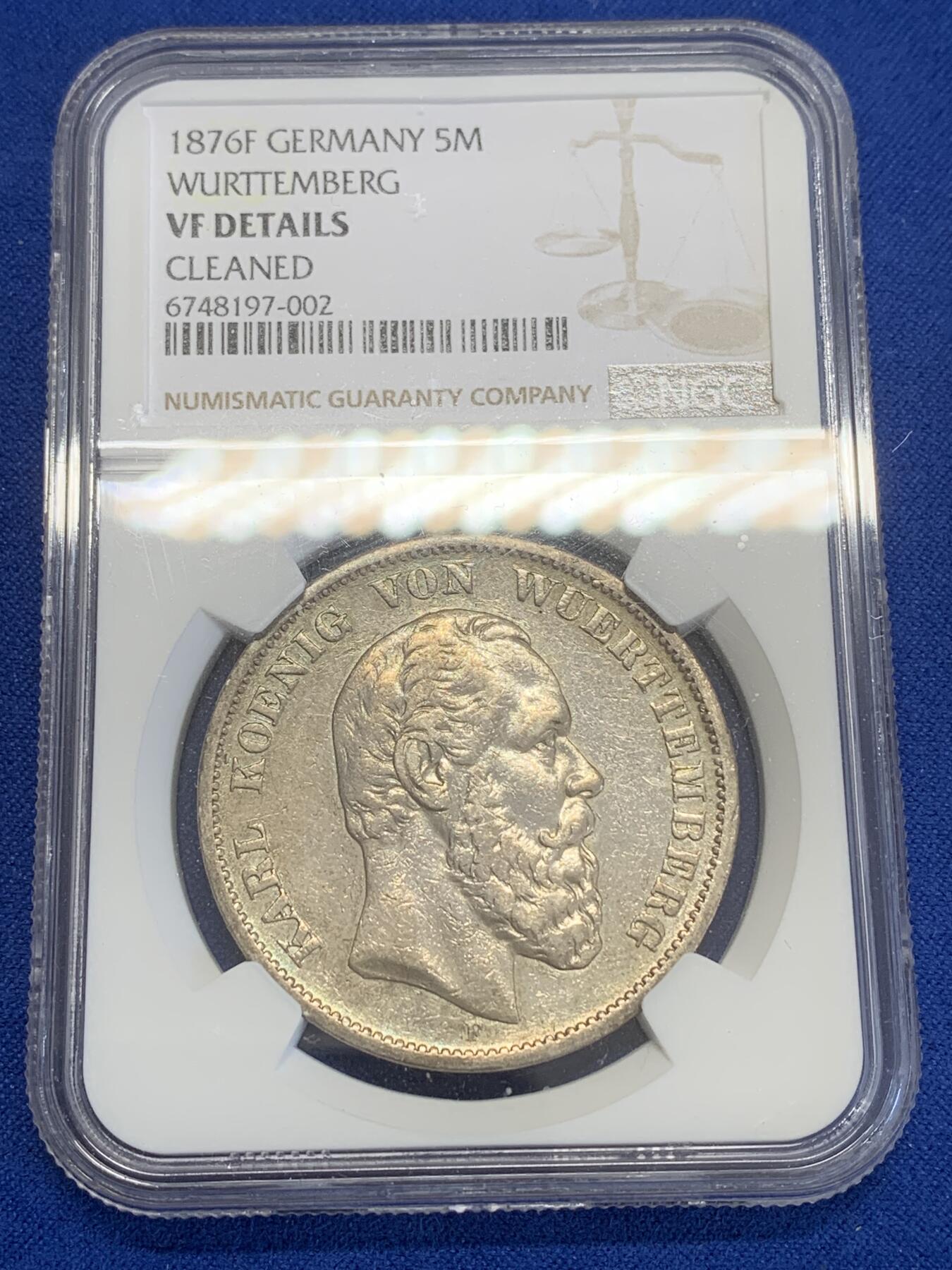 《竞宝斋》第269场- 周日，周一，周二  3场连拍 （全场包邮） NGC VF 德国 1876年 符滕堡 5马克 银币 实物很好 低评