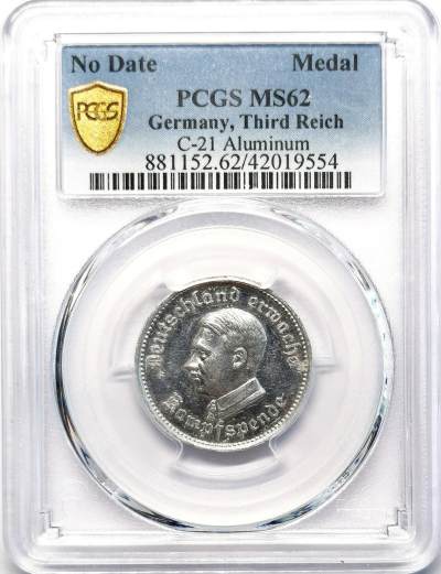 凡希社世界钱币微拍第二百六十九期 - 德国元首像铝质纪念章PCGS-MS62，直径25mm