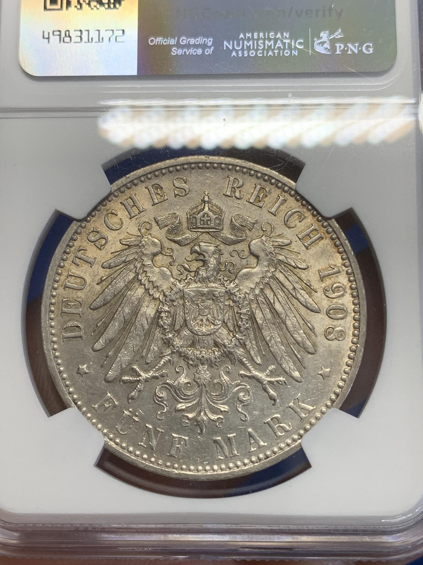 《竞宝斋》第269场- 周日，周一，周二  3场连拍 （全场包邮） NGC UNCD 德国1908符腾堡5马克银币