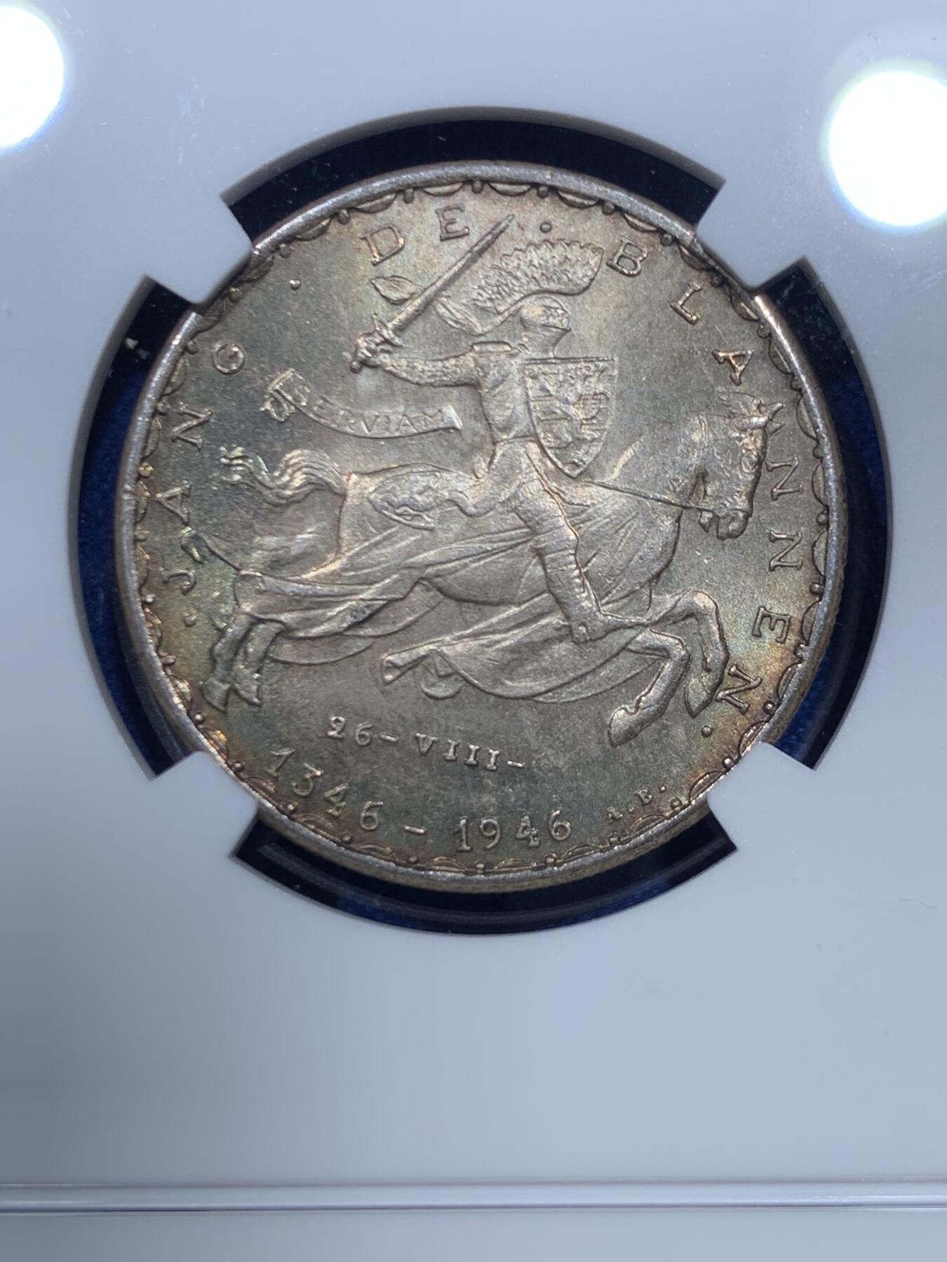 《竞宝斋》第269场- 周日，周一，周二  3场连拍 （全场包邮） NGC MS64 卢森堡1946年盲人约翰阵亡600年纪念20法郎银币