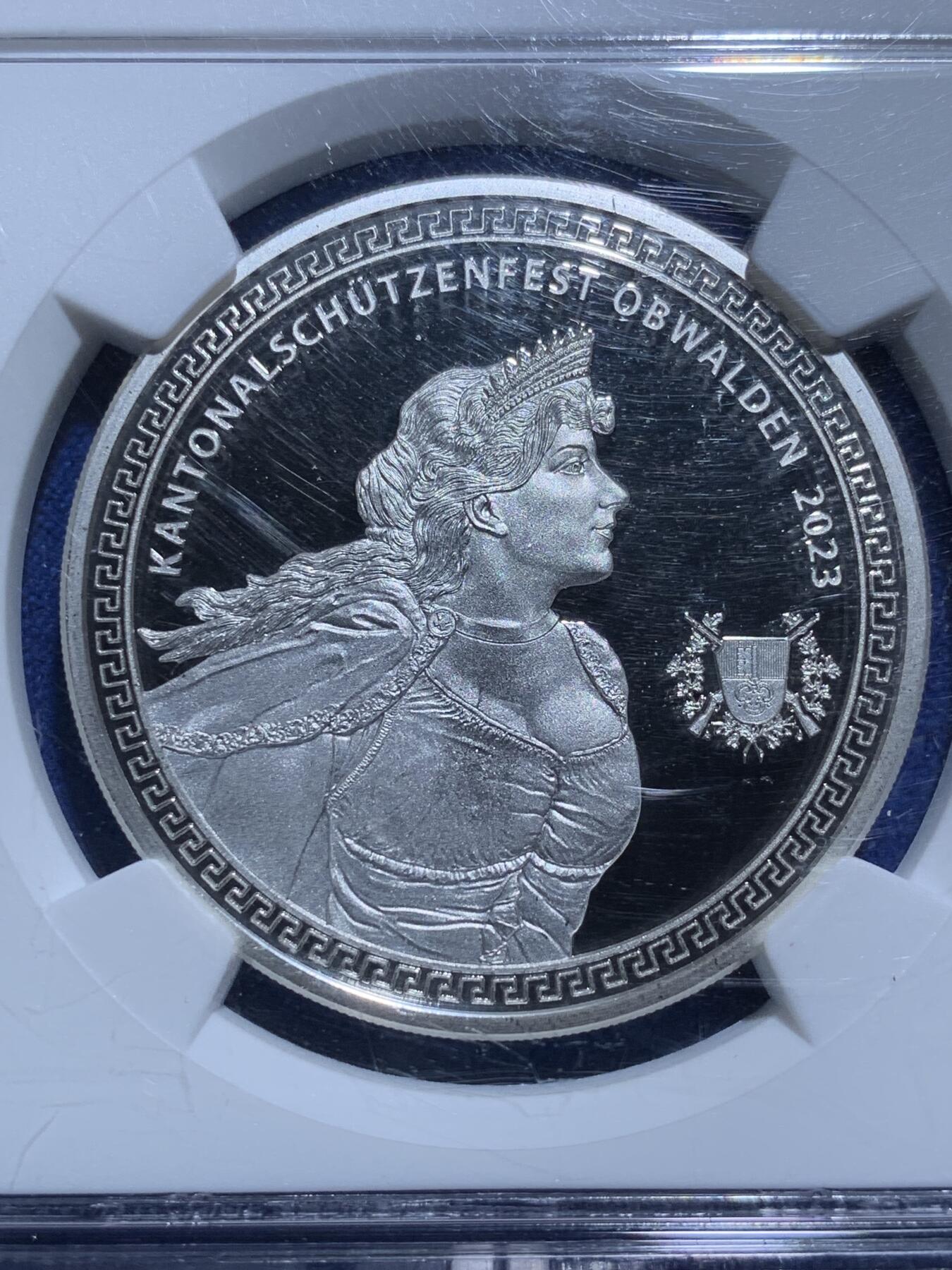 《竞宝斋》第269场- 周日，周一，周二  3场连拍 （全场包邮） NGC PF68UC 瑞士2023年吉斯维尔女神50法郎 奥布瓦尔登射击节精制币 限量1000枚 背面景观细腻