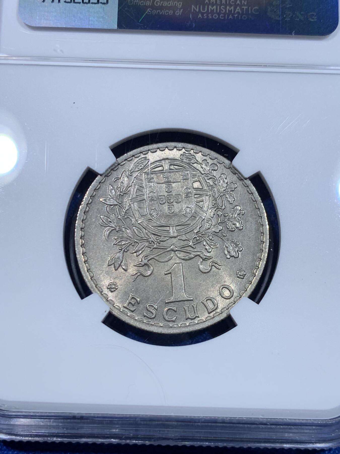 《竞宝斋》第269场- 周日，周一，周二  3场连拍 （全场包邮） 两枚一组 NGC MS65/63 葡萄牙1959年镍币 50分+1埃斯库多