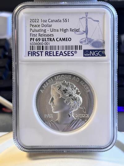 【海寕潮】拍卖第111期 - 【海寧潮】加拿大2022年和平女神1盎司磨砂纪念银币NGC-PF69首期蓝标无盒无证书，9999银，1盎司，发行量5000枚