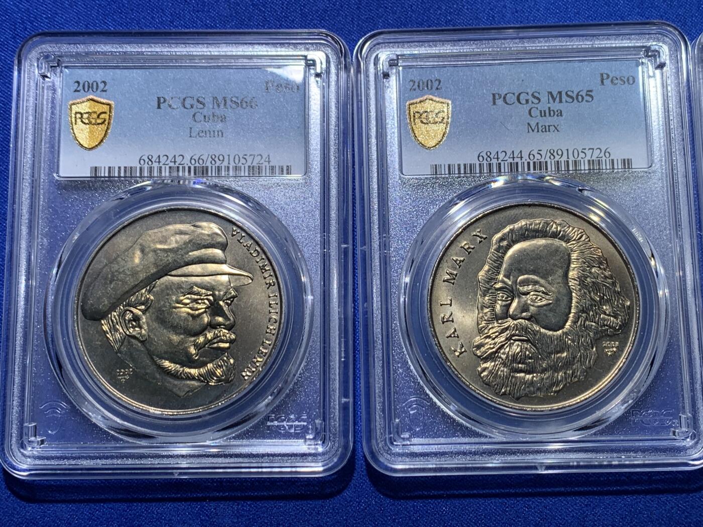 《竞宝斋》第269场- 周日，周一，周二  3场连拍 （全场包邮） PCGS MS65-66 古巴2002年社会主义国家伟大领袖马恩毛列比索克朗型纪念币 4枚全套