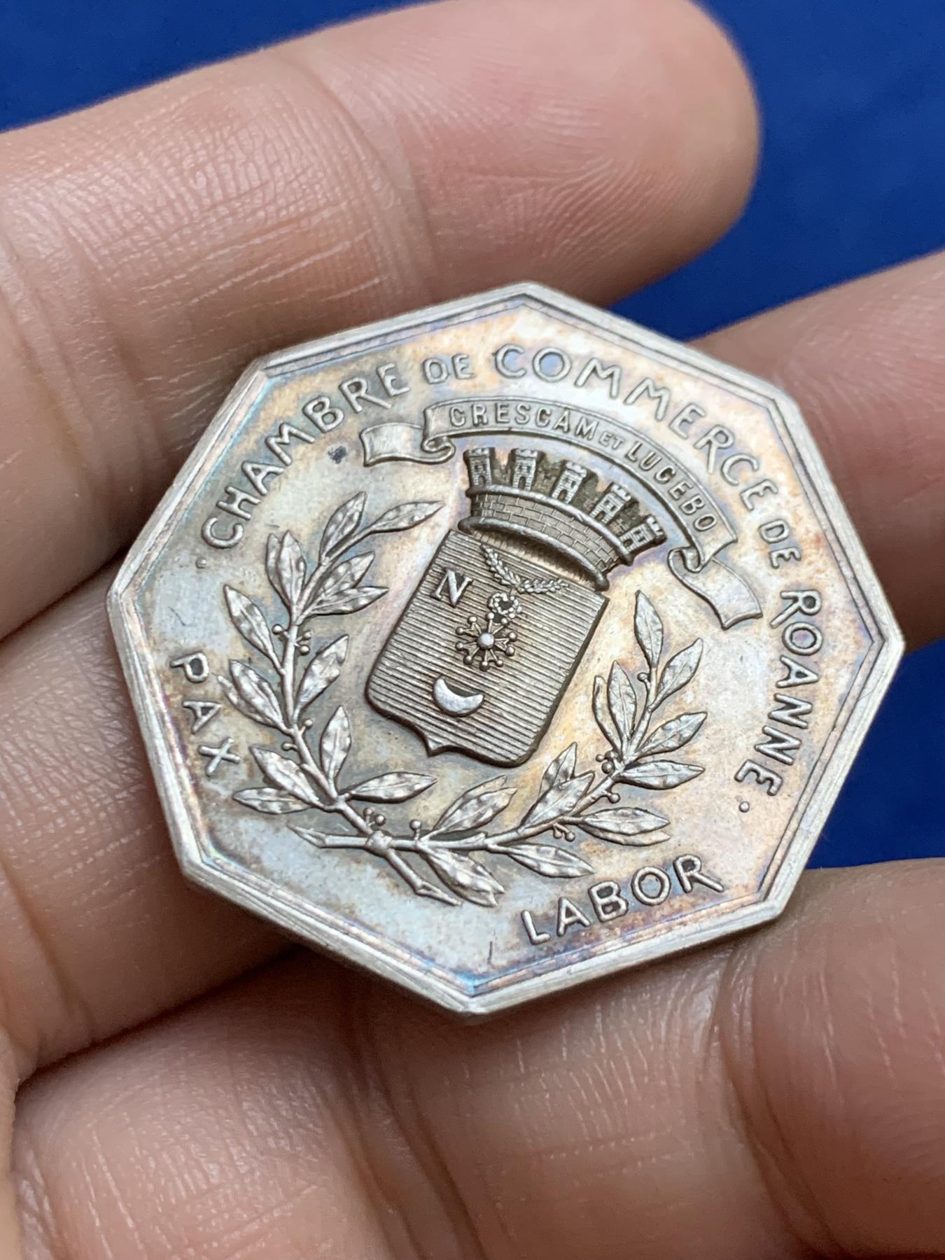 《竞宝斋》第271场-八角与章专场 周日，周一，周二  3场连拍 （全场包邮） 法国八角银质代币，罗纳商会，15.30g，32mm，丰饶角1ARGENT边铭