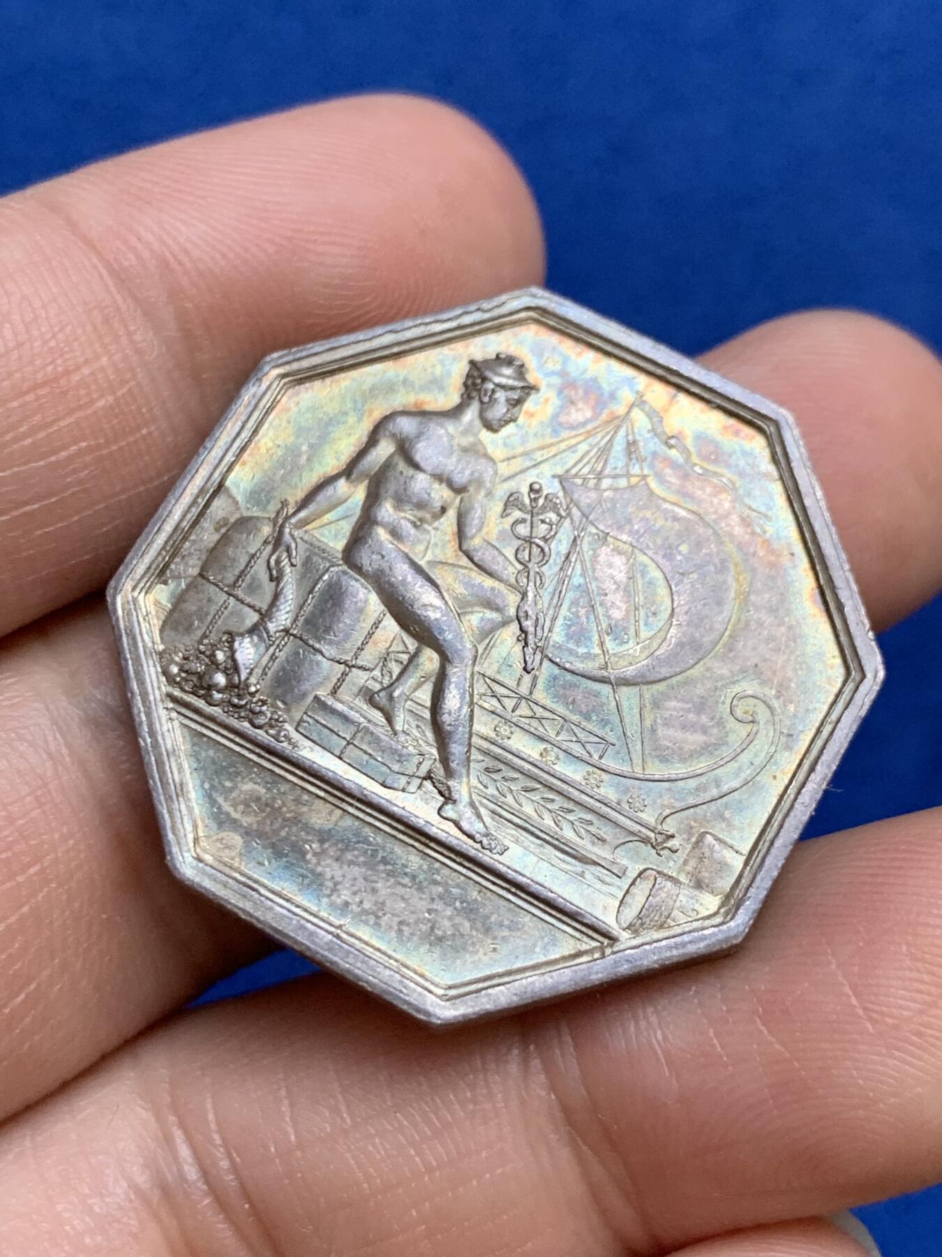 《竞宝斋》第271场-八角与章专场 周日，周一，周二  3场连拍 （全场包邮） 法国八角银章，鲁昂海上保险公司，17.69g，32.7mm，早期无边铭