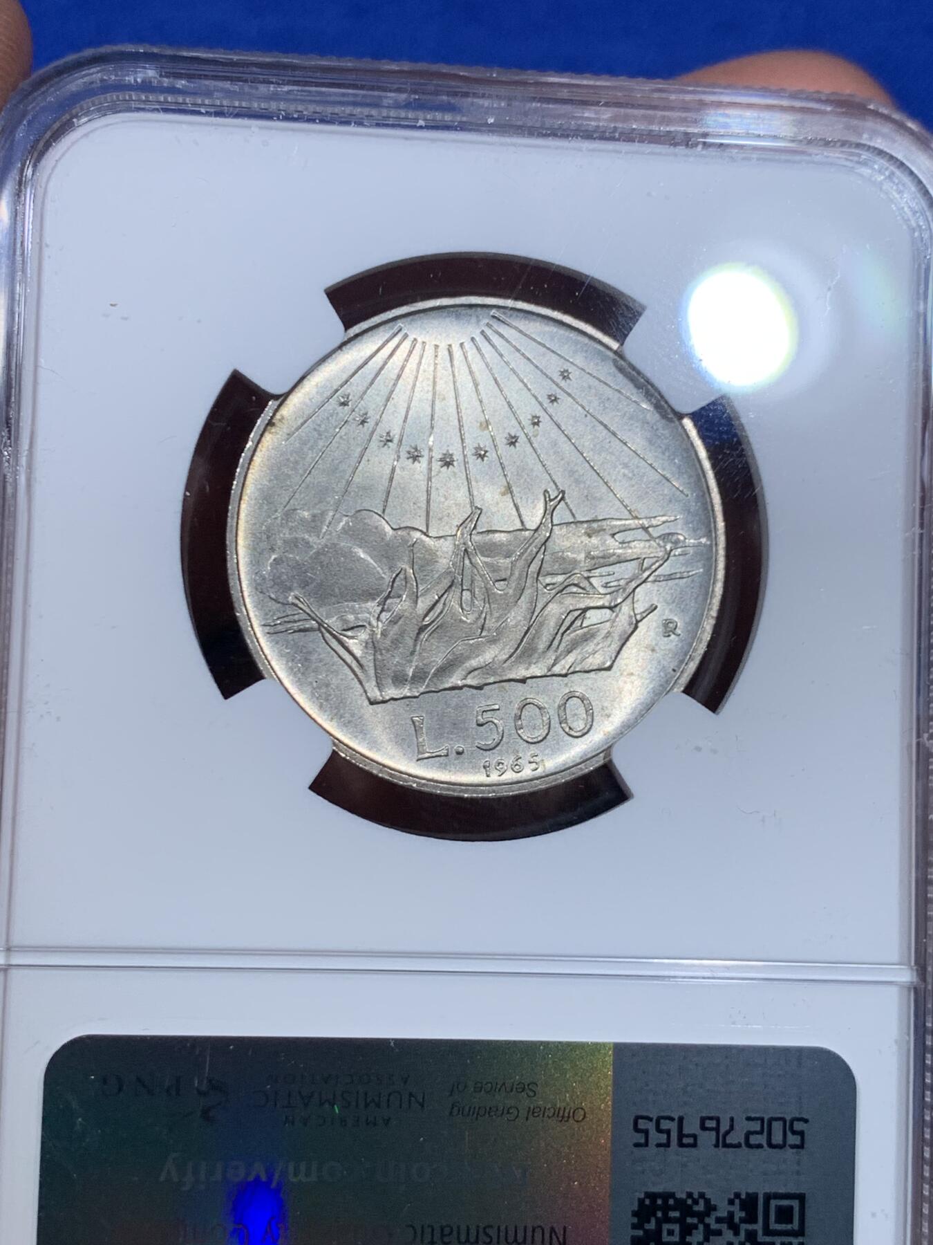 《竞宝斋》第269场- 周日，周一，周二  3场连拍 （全场包邮） NGC MS65 意大利1965年但丁500里拉银币