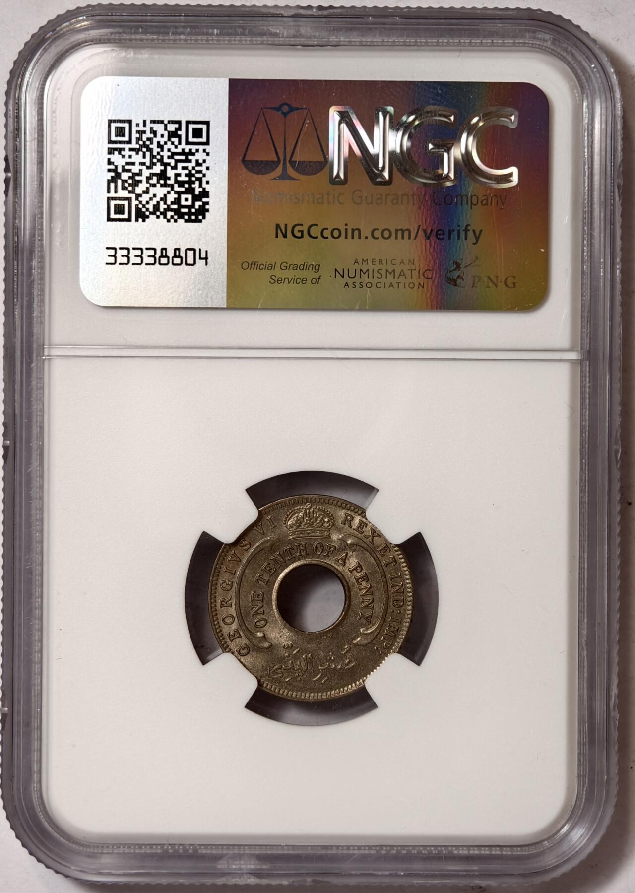 紫瑗钱币——第350期拍卖 英属西非 1938年 乔治六世 1/10便士 白铜币 NGC MS64