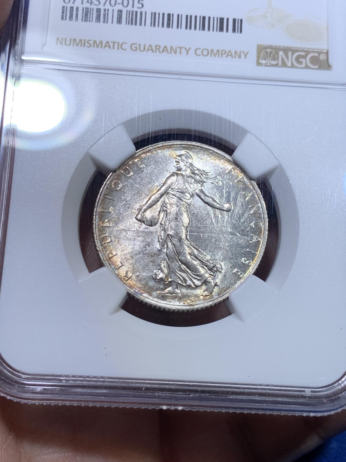 《竞宝斋》第269场- 周日，周一，周二  3场连拍 （全场包邮） NGC MS62 法国1917年播种女神2法郎银币