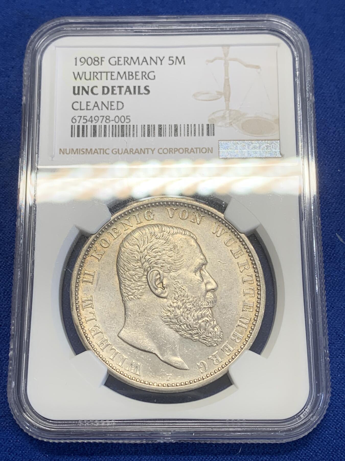 《竞宝斋》第269场- 周日，周一，周二  3场连拍 （全场包邮） NGC UNCD 德国1908符腾堡5马克银币