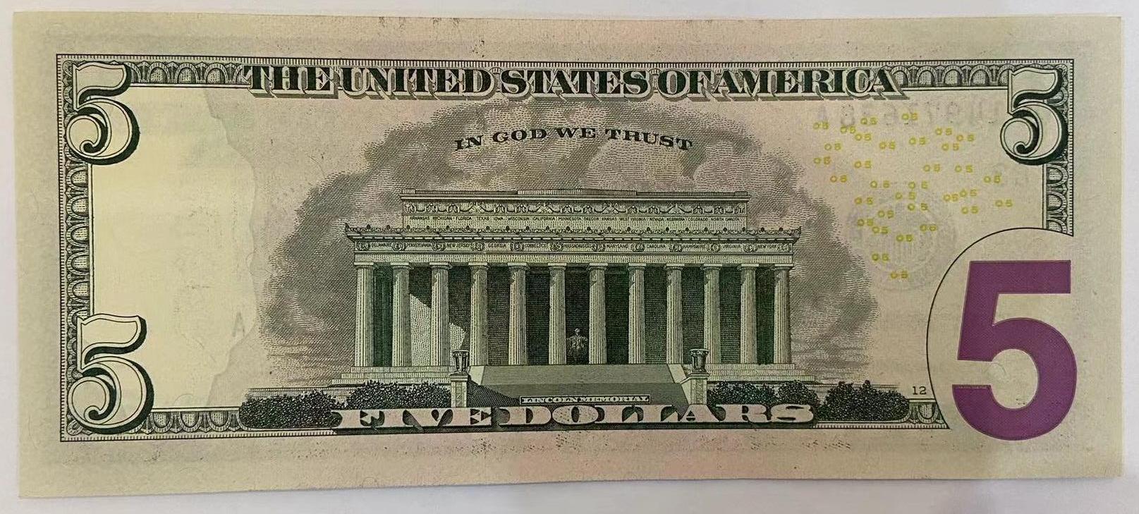 【炜奕收藏】世界精选纸币裸钞专场 2021年美国5美元，UNC-品相，尾8