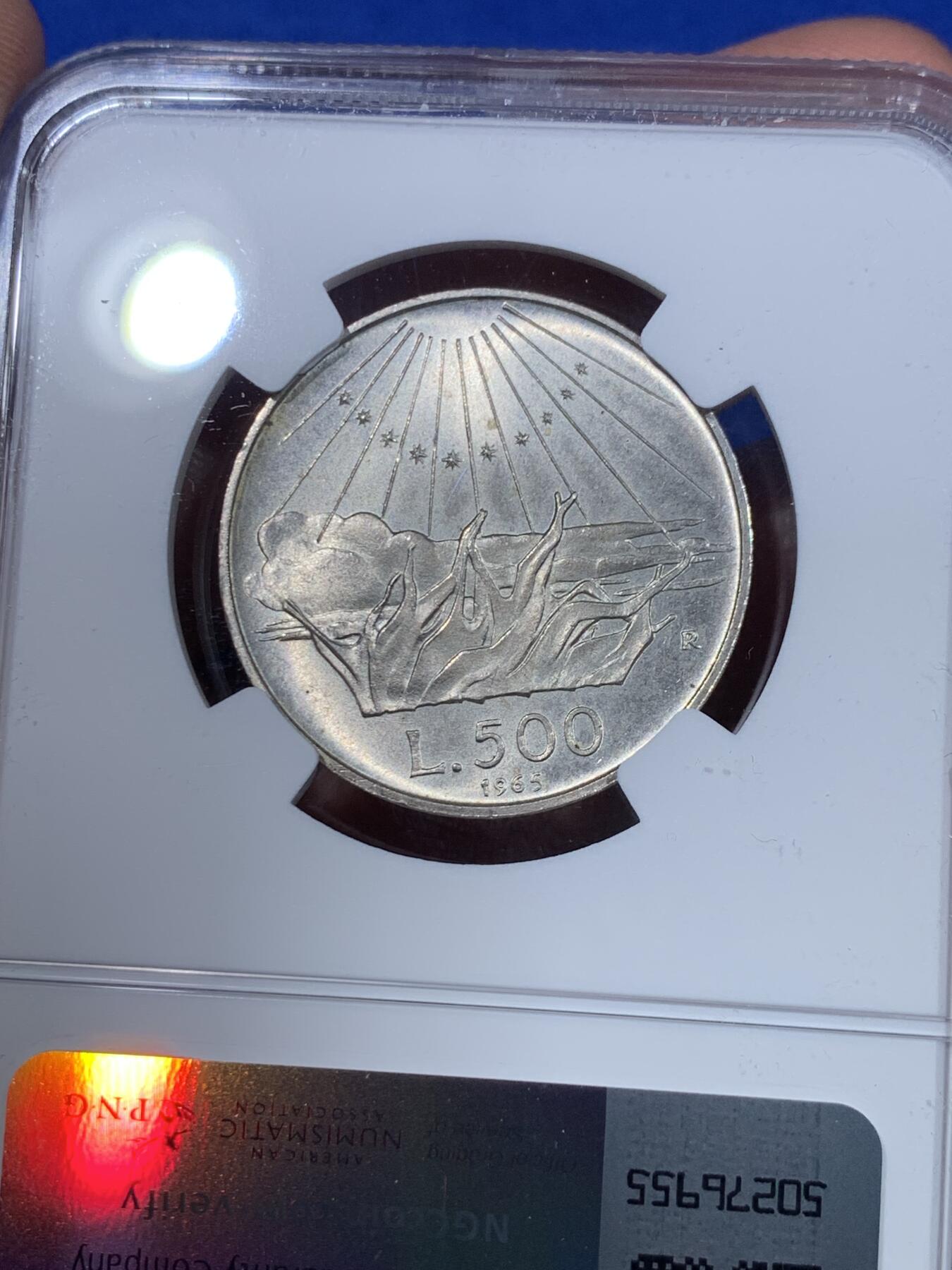 《竞宝斋》第269场- 周日，周一，周二  3场连拍 （全场包邮） NGC MS65 意大利1965年但丁500里拉银币