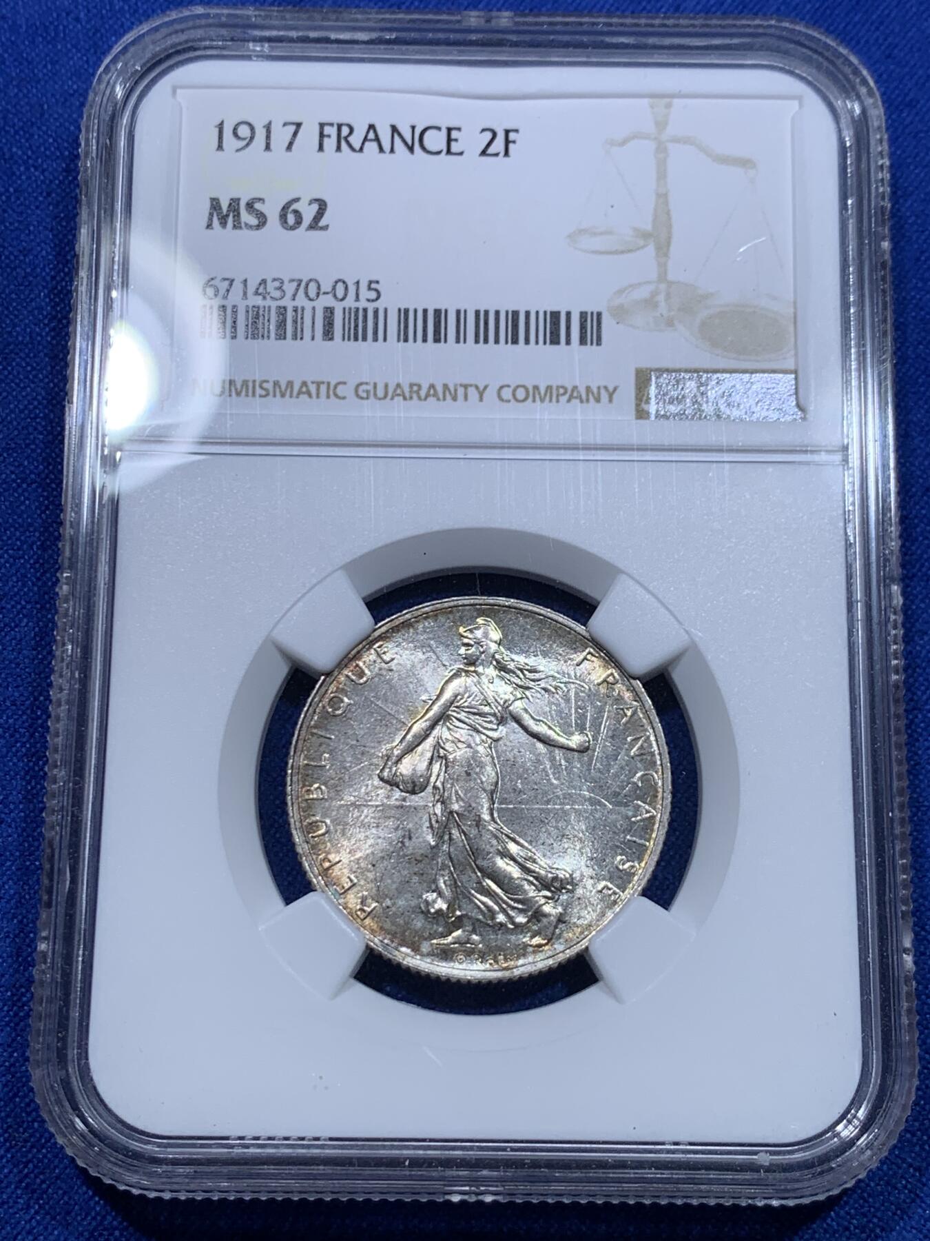 《竞宝斋》第269场- 周日，周一，周二  3场连拍 （全场包邮） NGC MS62 法国1917年播种女神2法郎银币