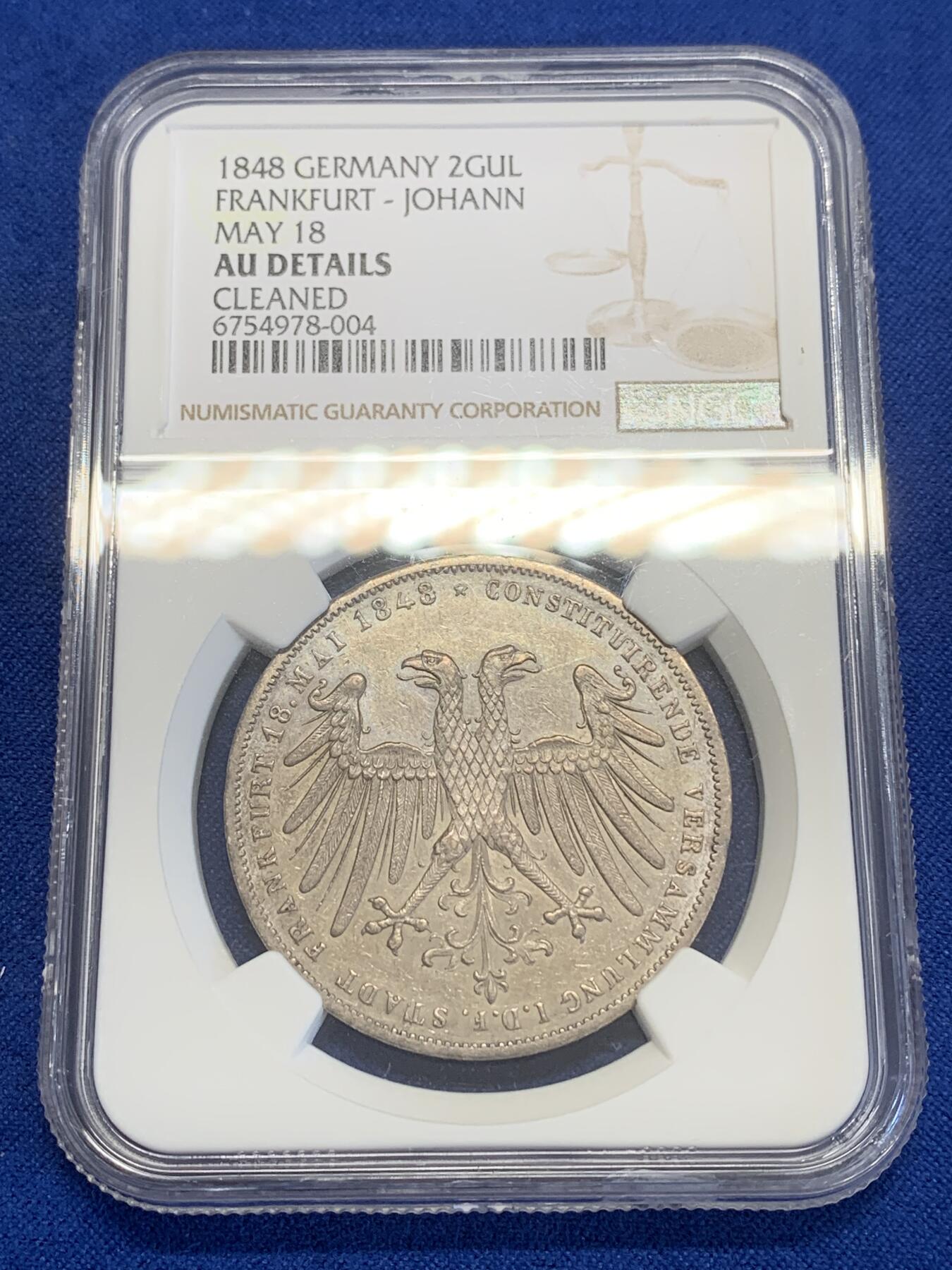 《竞宝斋》第269场- 周日，周一，周二  3场连拍 （全场包邮） NGC AUD 德国1848年法兰克福双头鹰2盾银币