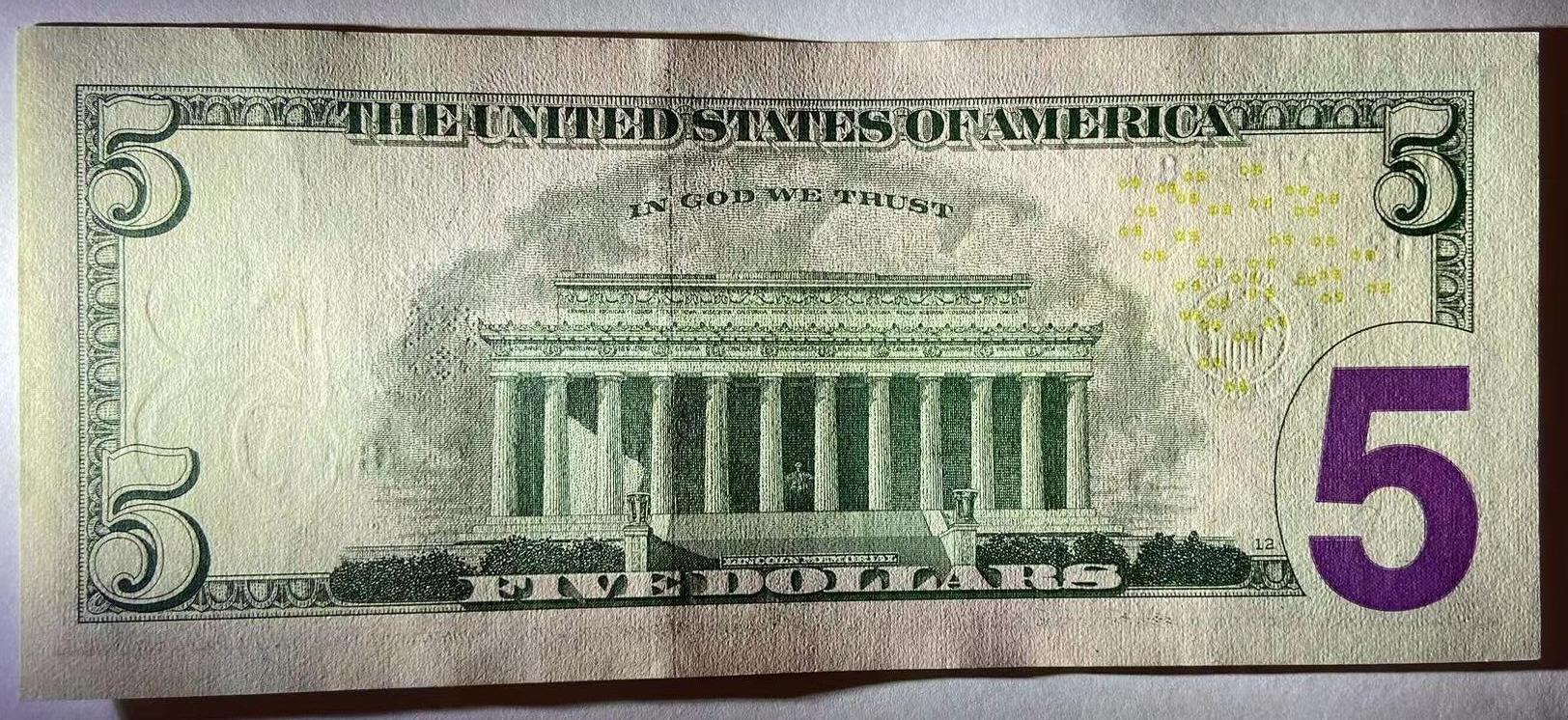 【炜奕收藏】世界精选纸币裸钞专场 2021年美国5美元，UNC-品相，尾8