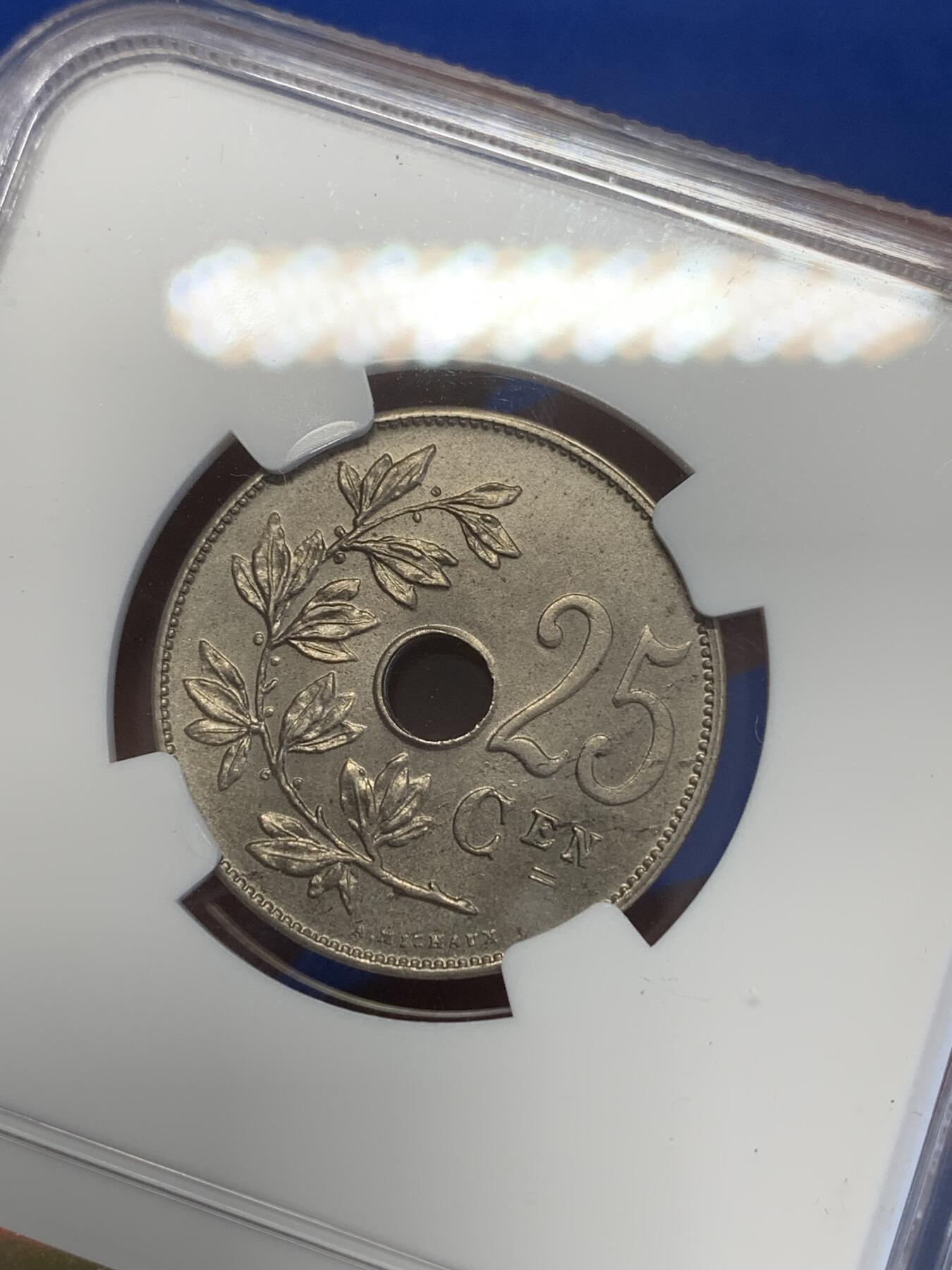 《竞宝斋》第269场- 周日，周一，周二  3场连拍 （全场包邮） NGC MS63 比利时1908年利奥波德二世25美分铜镍