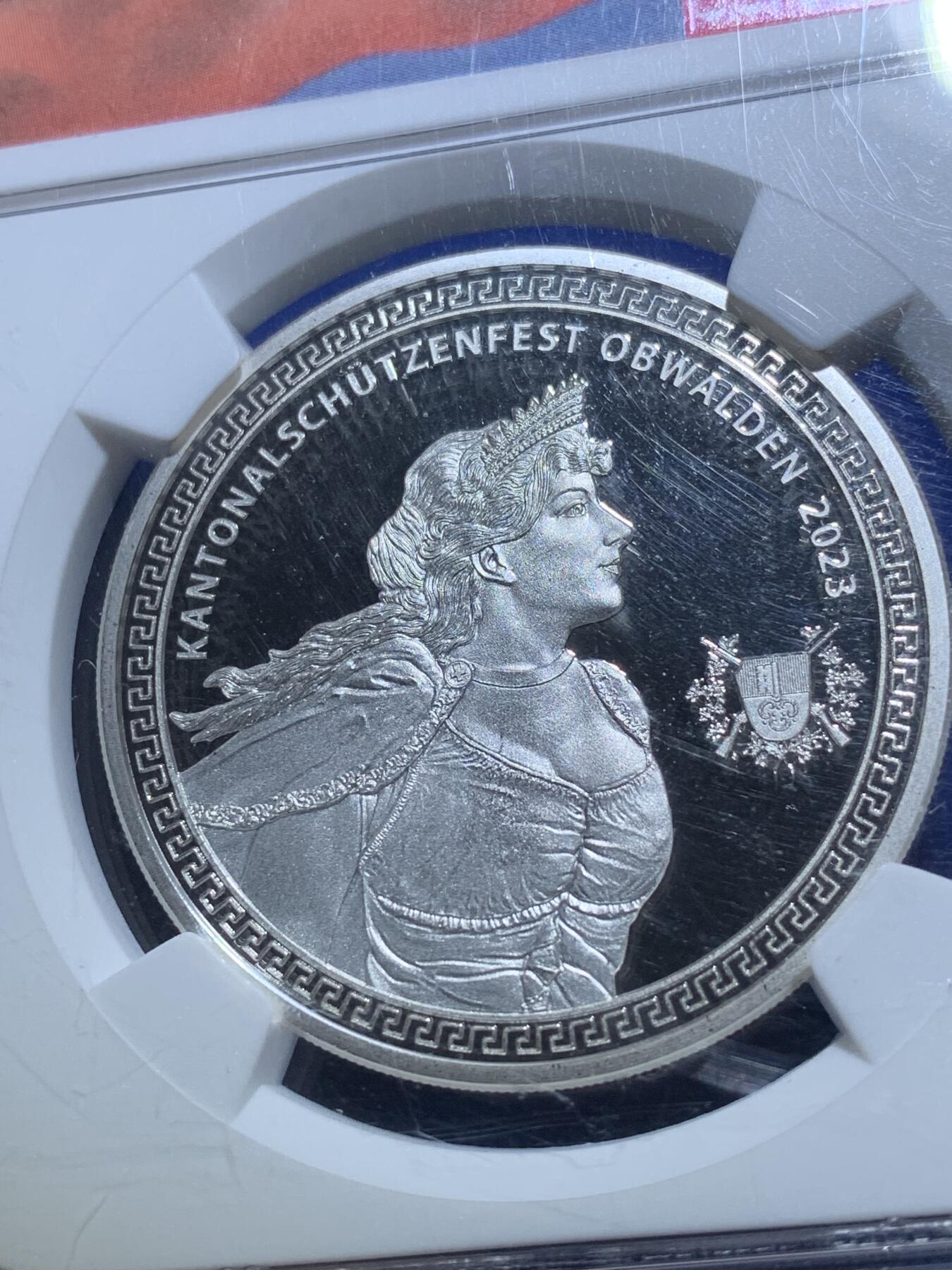 《竞宝斋》第269场- 周日，周一，周二  3场连拍 （全场包邮） NGC PF68UC 瑞士2023年吉斯维尔女神50法郎 奥布瓦尔登射击节精制币 限量1000枚 背面景观细腻