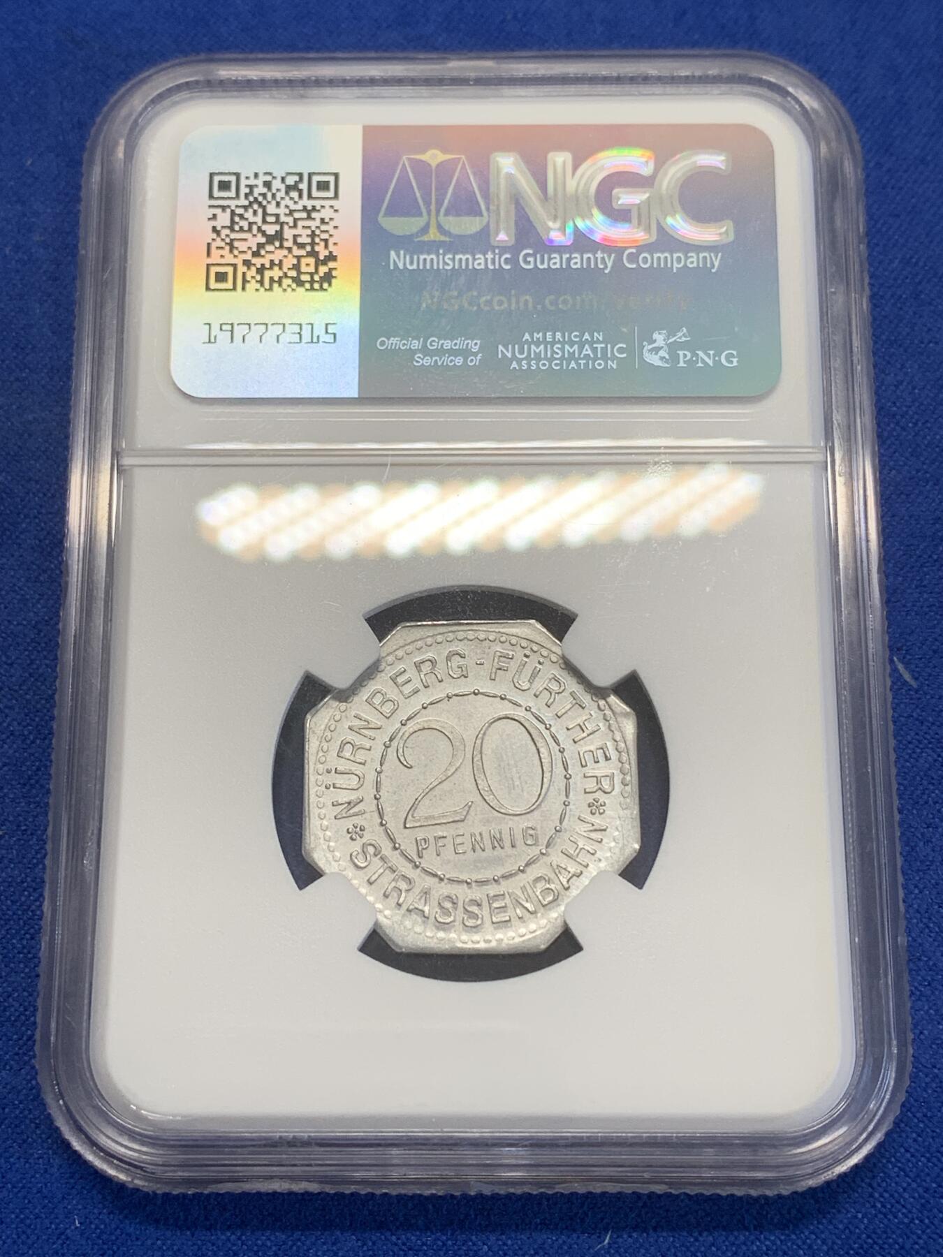 《竞宝斋》第269场- 周日，周一，周二  3场连拍 （全场包邮） NGC MS63 德国德紧纽伦堡电车代用币20芬尼八角币