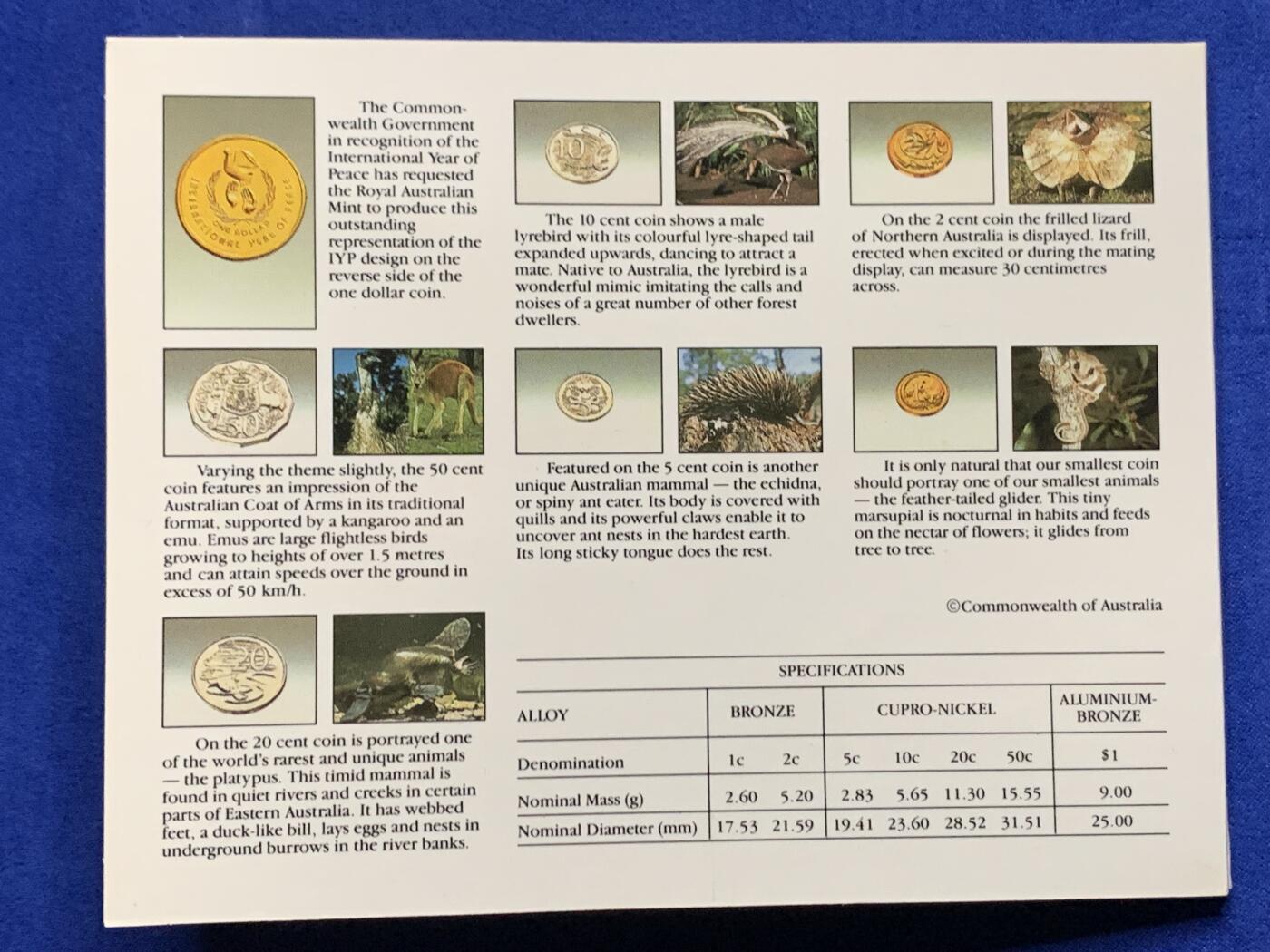 《竞宝斋》第269场- 周日，周一，周二  3场连拍 （全场包邮） 1986年澳大利亚皇家造币厂官方套币 带流通纪念币一枚