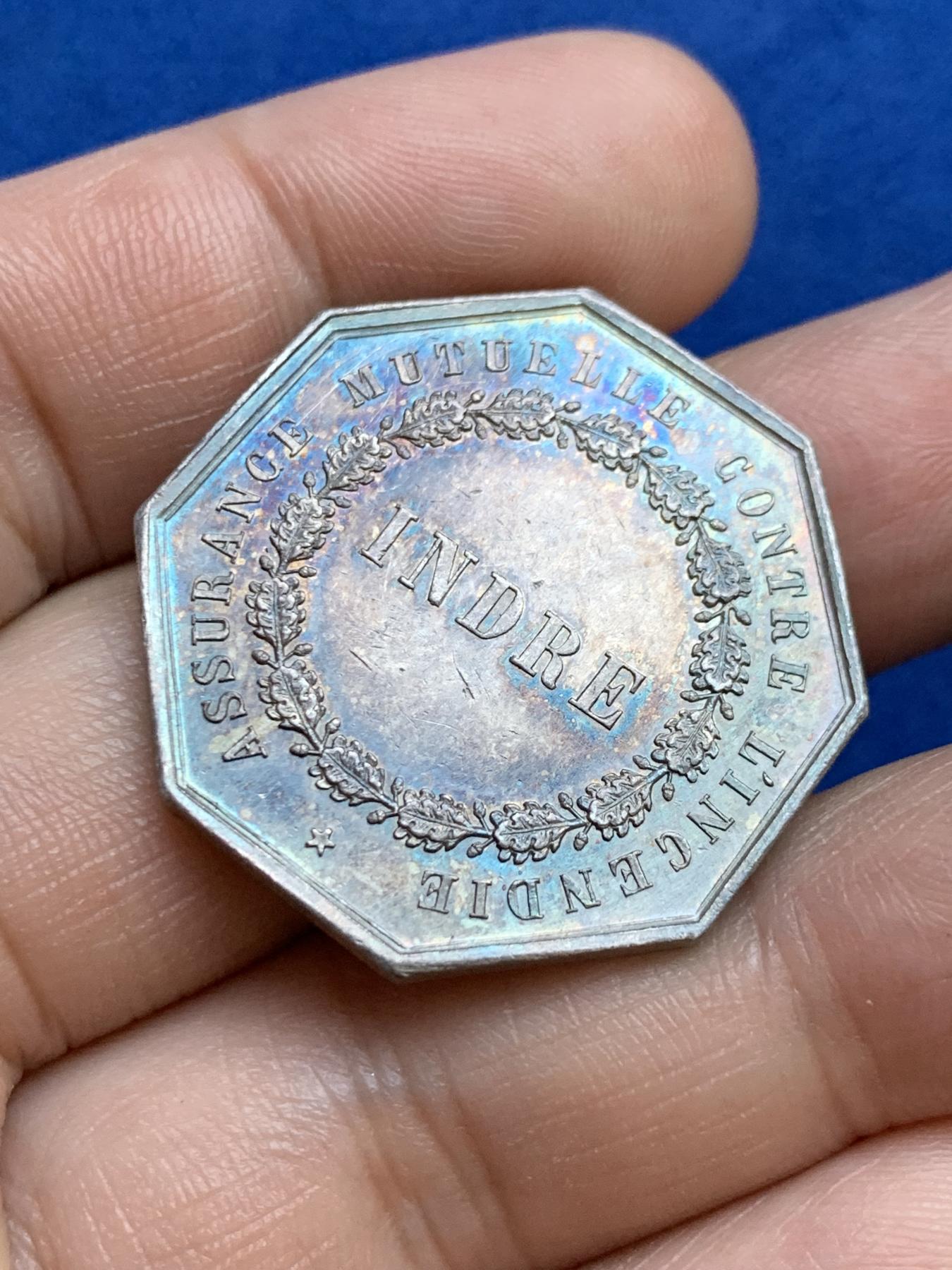 《竞宝斋》第271场-八角与章专场 周日，周一，周二  3场连拍 （全场包邮） 法国八角银章，安德尔火灾互助保险公司，14.75g，31.6mm，手指边铭