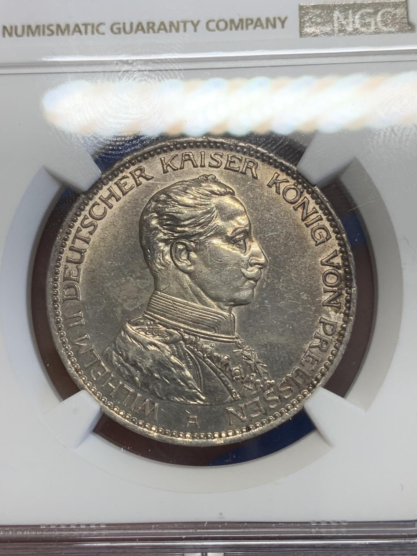 《竞宝斋》第269场- 周日，周一，周二  3场连拍 （全场包邮） NGC UNCD 德国普鲁士1914年威廉二世军装3马克银币