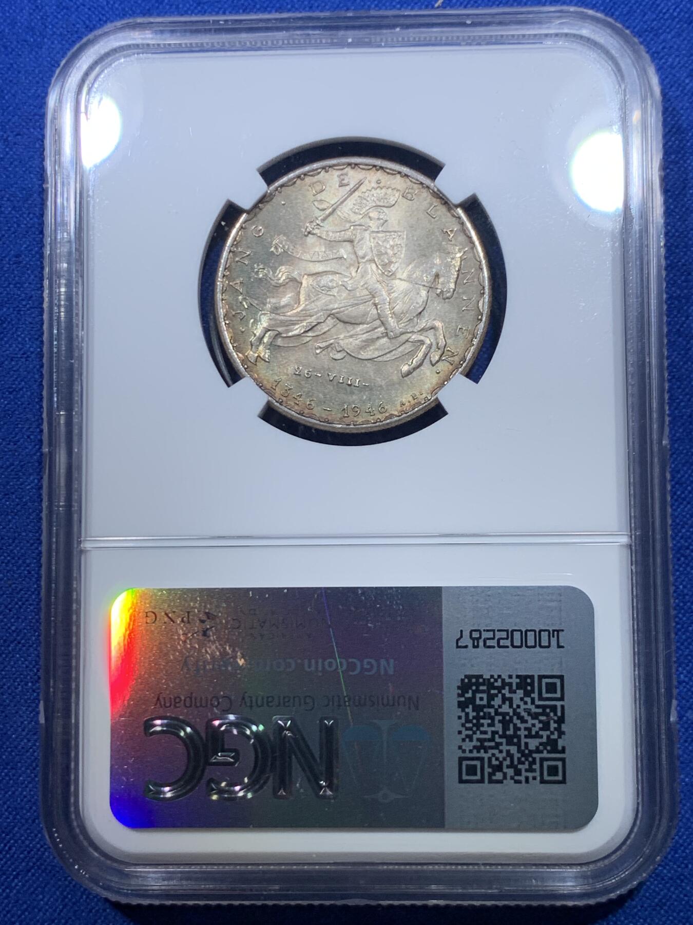 《竞宝斋》第269场- 周日，周一，周二  3场连拍 （全场包邮） NGC MS64 卢森堡1946年盲人约翰阵亡600年纪念20法郎银币