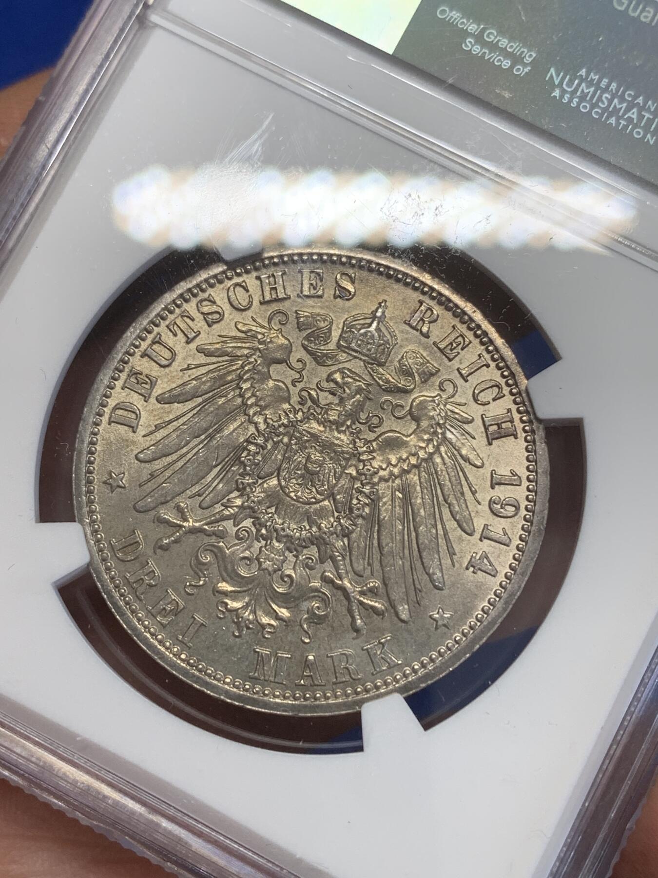 《竞宝斋》第269场- 周日，周一，周二  3场连拍 （全场包邮） NGC UNCD 德国普鲁士1914年威廉二世军装3马克银币