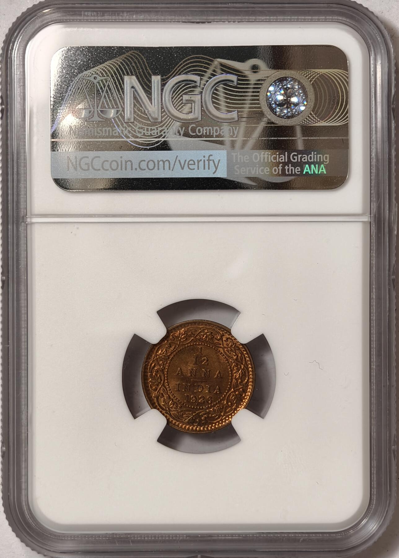 紫瑗钱币——第350期拍卖 英属印度 1926年 B版 乔治五世 1/12安娜 铜币 NGC