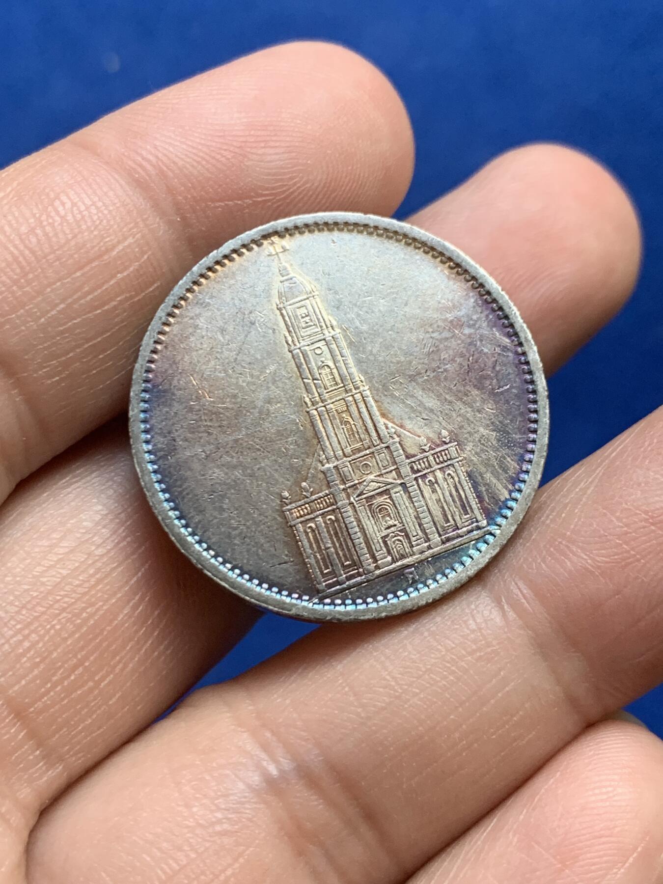 《竞宝斋》第269场- 周日，周一，周二  3场连拍 （全场包邮） 1935年 德国 教堂 5马克 银币 带点彩包浆 状态不错