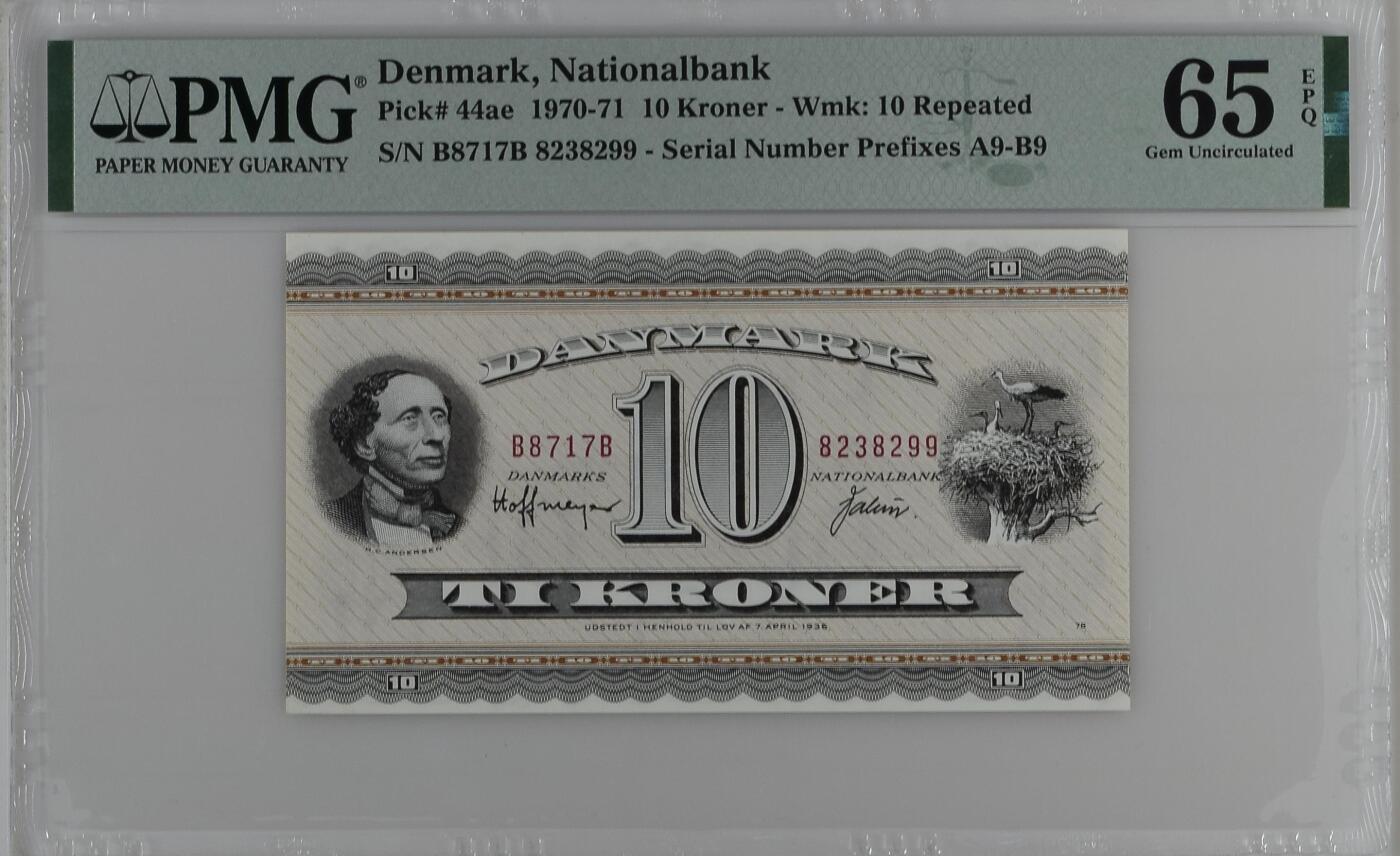 收藏联盟Quantum Auction 第347期拍卖  丹麦1971年10克朗 PMG65  童话大师安徒生 号码无457