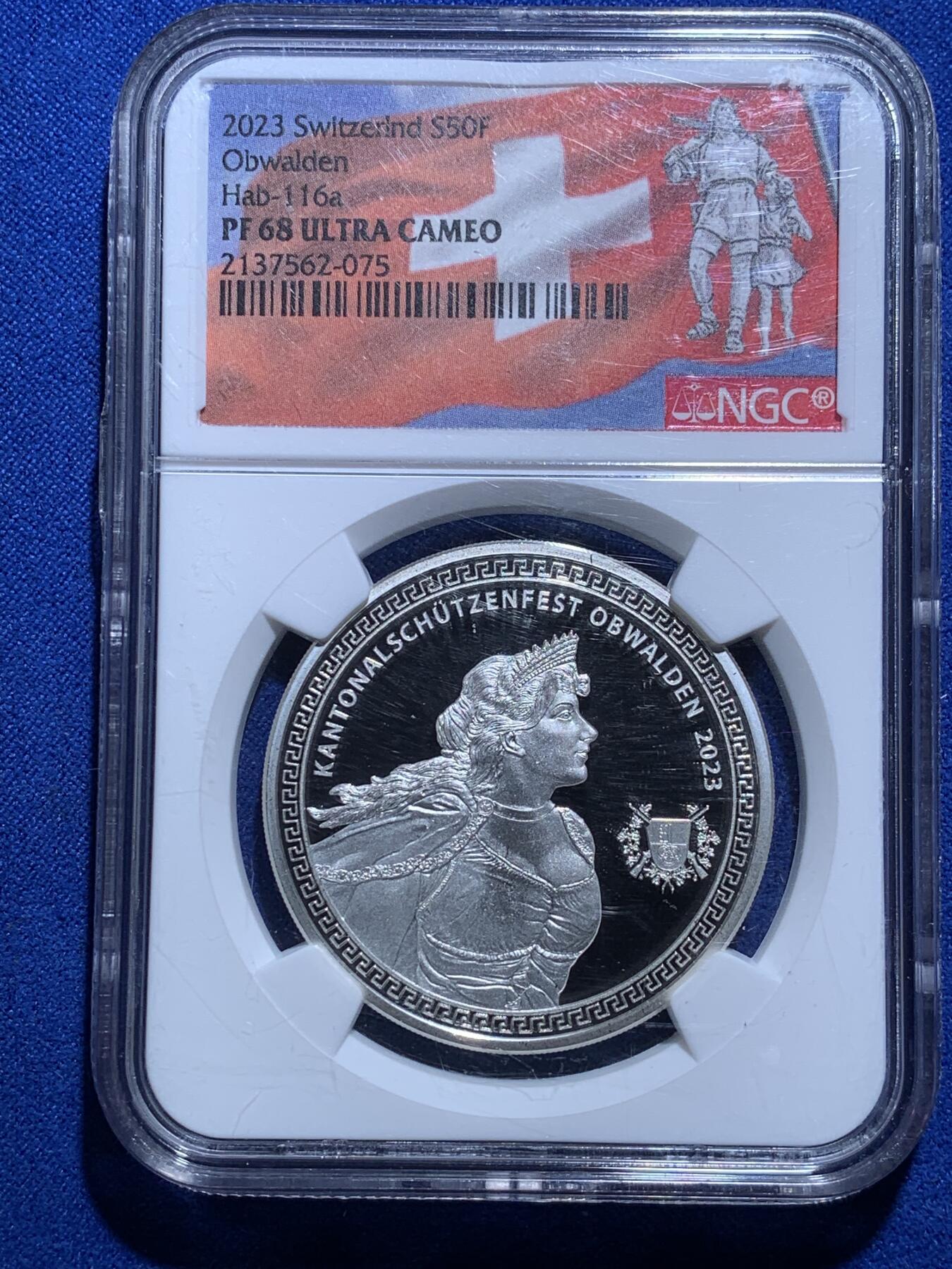 《竞宝斋》第269场- 周日，周一，周二  3场连拍 （全场包邮） NGC PF68UC 瑞士2023年吉斯维尔女神50法郎 奥布瓦尔登射击节精制币 限量1000枚 背面景观细腻