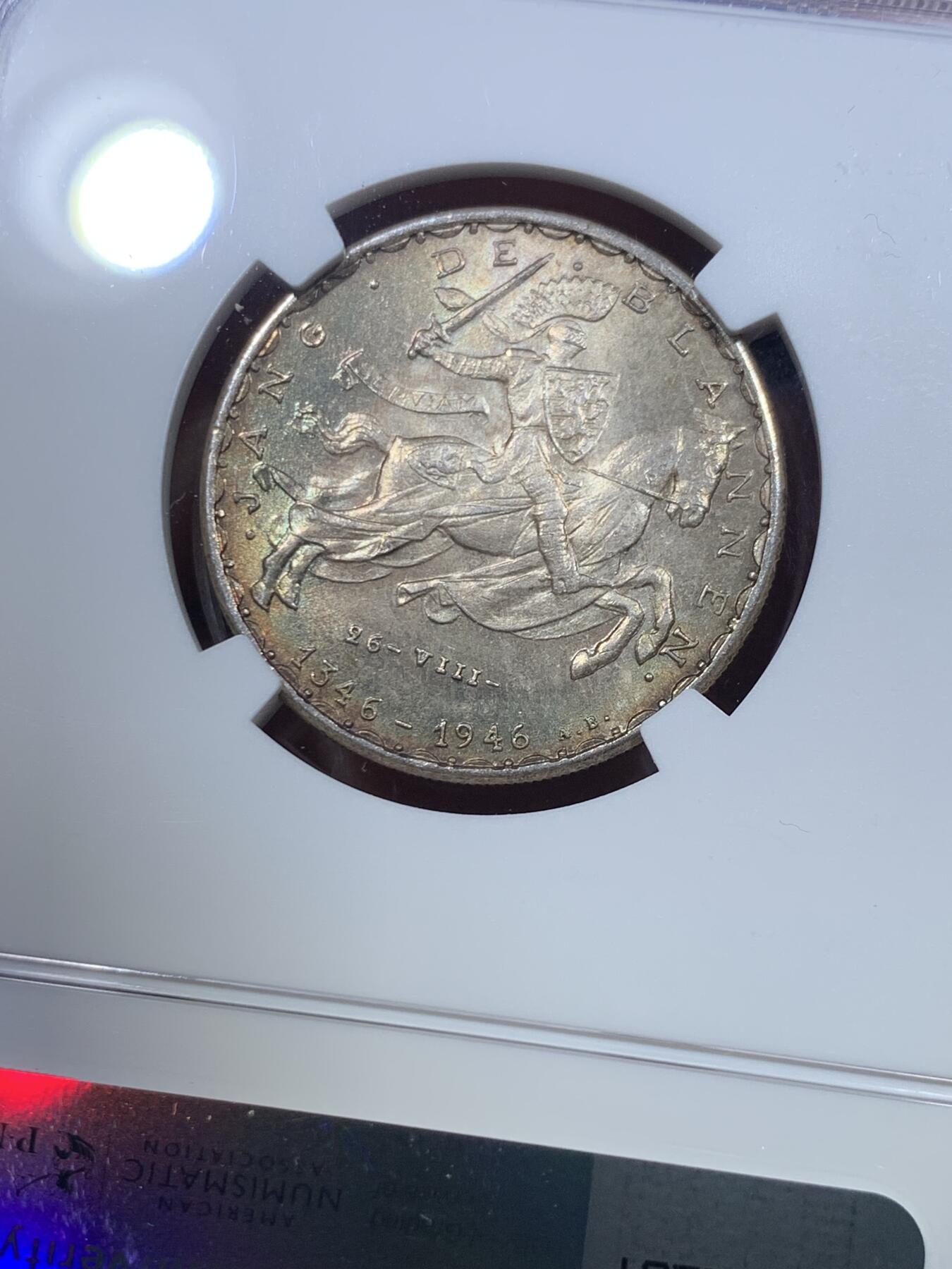 《竞宝斋》第269场- 周日，周一，周二  3场连拍 （全场包邮） NGC MS64 卢森堡1946年盲人约翰阵亡600年纪念20法郎银币