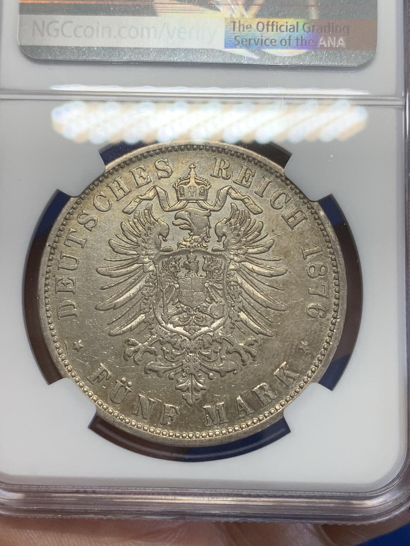 《竞宝斋》第269场- 周日，周一，周二  3场连拍 （全场包邮） NGC VF 德国 1876年 符滕堡 5马克 银币 实物很好 低评