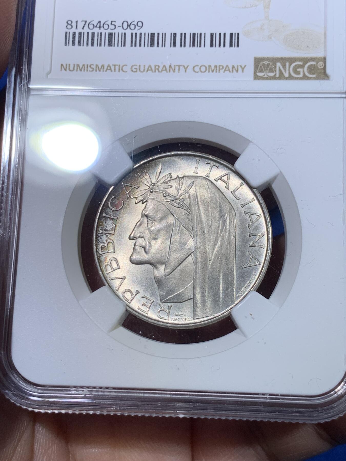 《竞宝斋》第269场- 周日，周一，周二  3场连拍 （全场包邮） NGC MS65 意大利1965年但丁500里拉银币