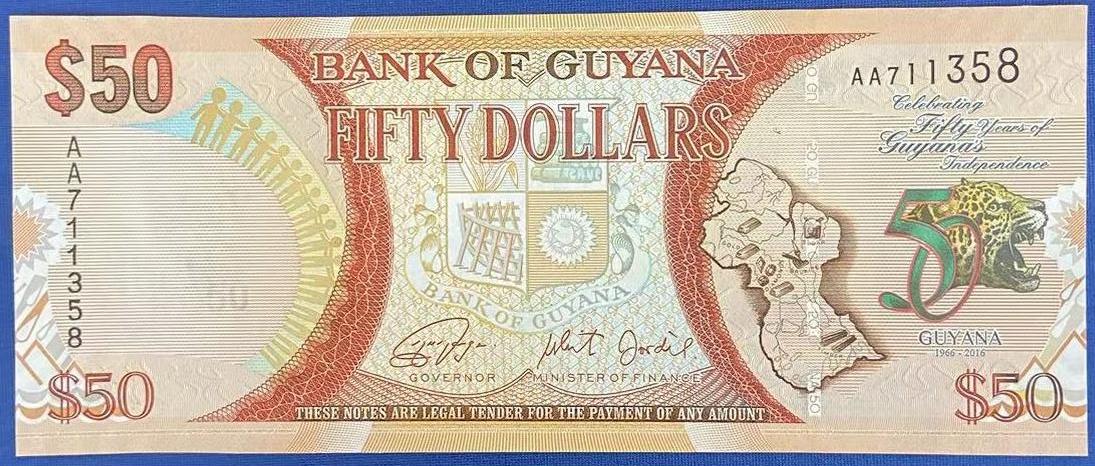 【炜奕收藏】世界精选纸币裸钞专场 2016年圭亚那独立50周年纪念钞，UNC品相，AA冠号码无4尾58