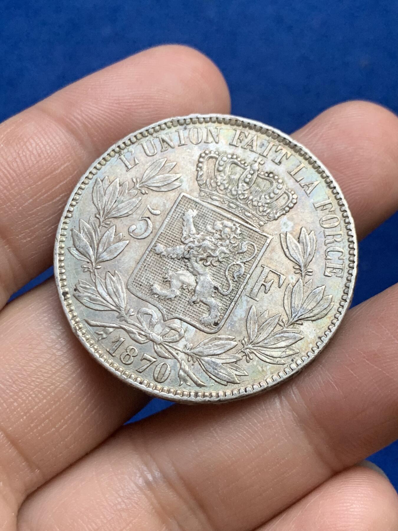 《竞宝斋》第269场- 周日，周一，周二  3场连拍 （全场包邮） 1870年比利时5法郎大银币 利奥波德二世头像 品相细节很棒 比通货好很多 包浆深沉漂亮