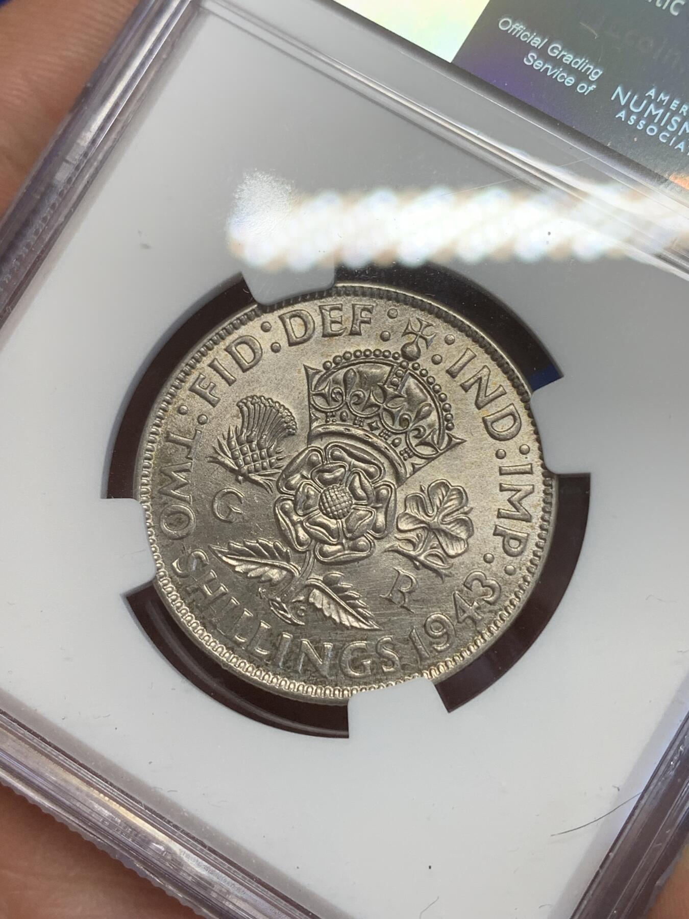 《竞宝斋》第269场- 周日，周一，周二  3场连拍 （全场包邮） NGC UNCD 英国 1943年 乔治六世 2先令 银币