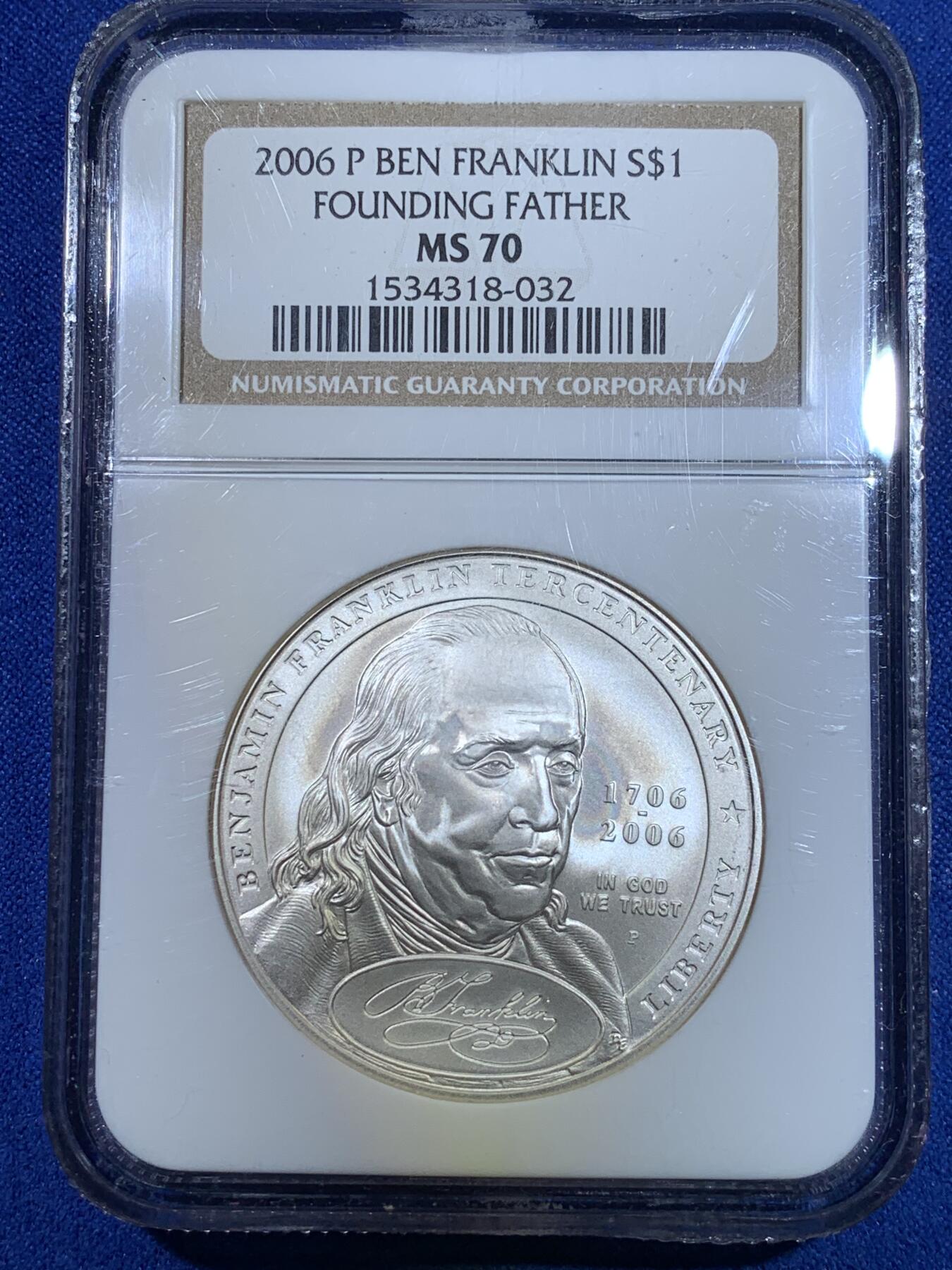 《竞宝斋》第269场- 周日，周一，周二  3场连拍 （全场包邮） NGC MS70 美国2006年富兰克林诞生300周年1美元磨砂银币 2008年度克劳斯世界硬币大奖赛之年度最佳历史意义银币 900银