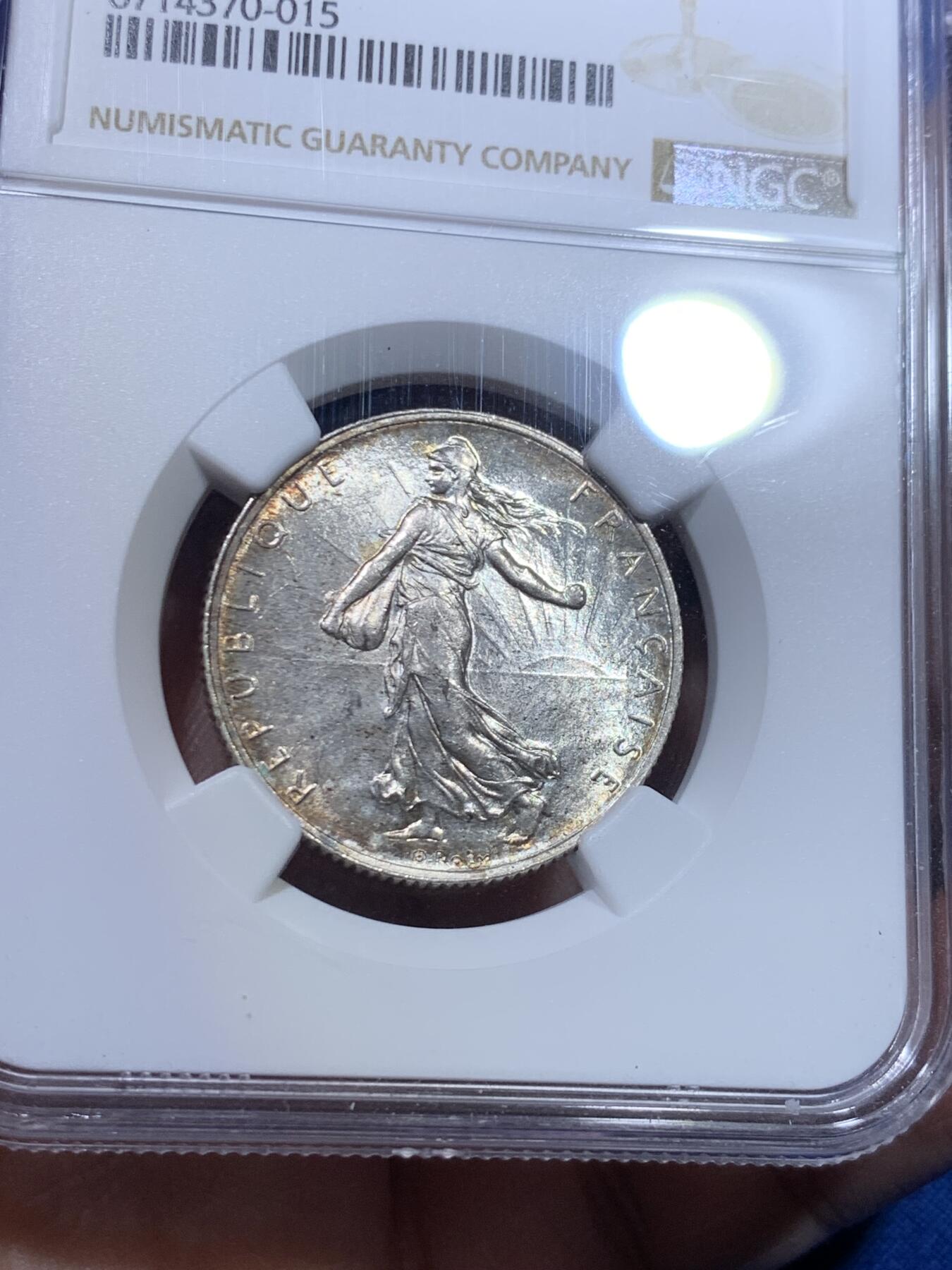 《竞宝斋》第269场- 周日，周一，周二  3场连拍 （全场包邮） NGC MS62 法国1917年播种女神2法郎银币