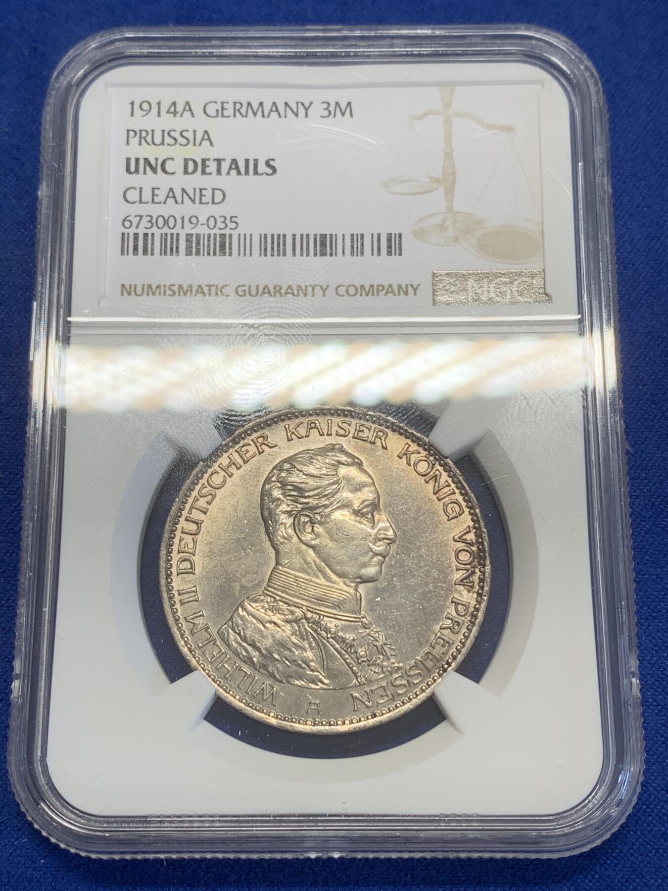 《竞宝斋》第269场- 周日，周一，周二  3场连拍 （全场包邮） NGC UNCD 德国普鲁士1914年威廉二世军装3马克银币