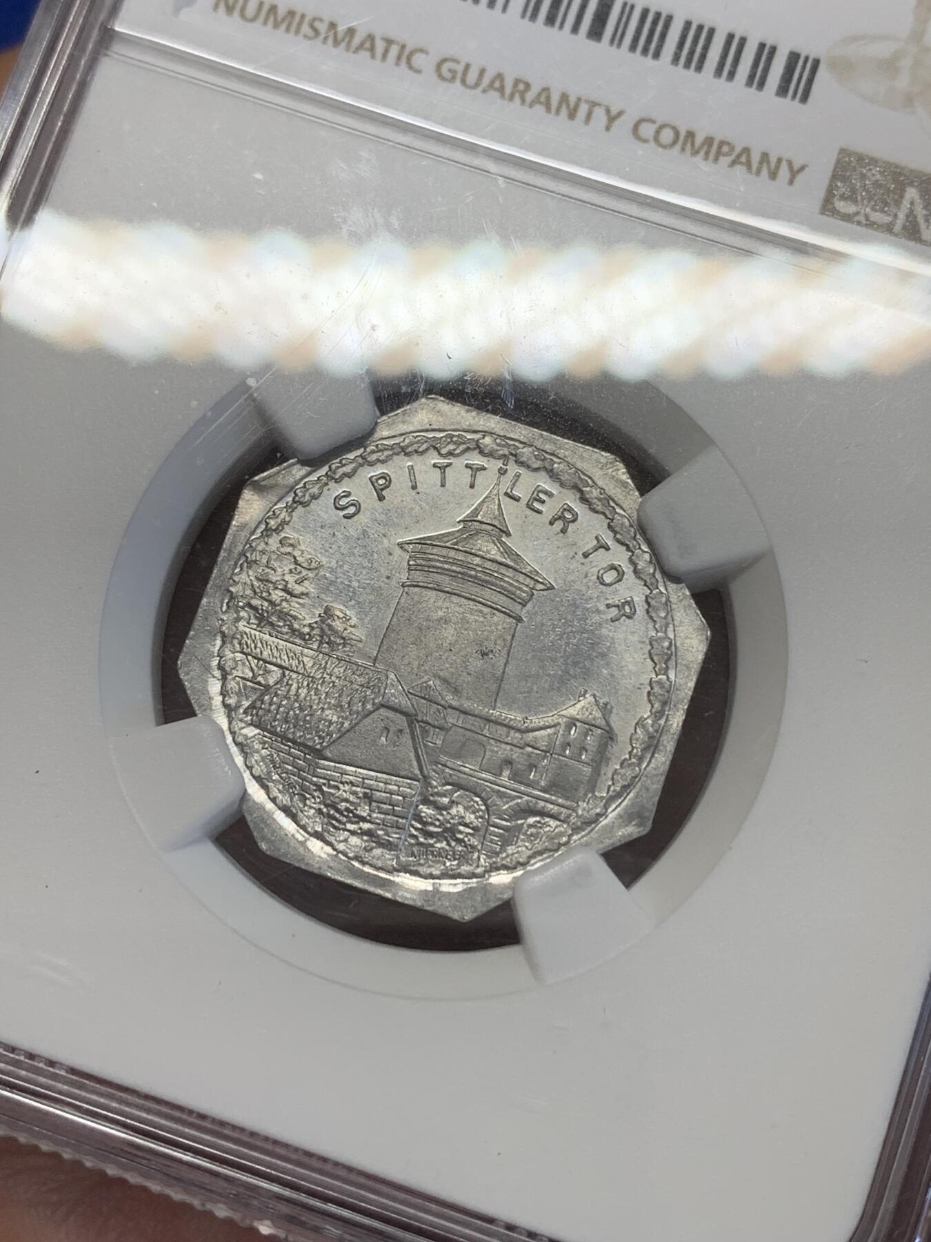 《竞宝斋》第269场- 周日，周一，周二  3场连拍 （全场包邮） NGC MS63 德国德紧纽伦堡电车代用币20芬尼八角币